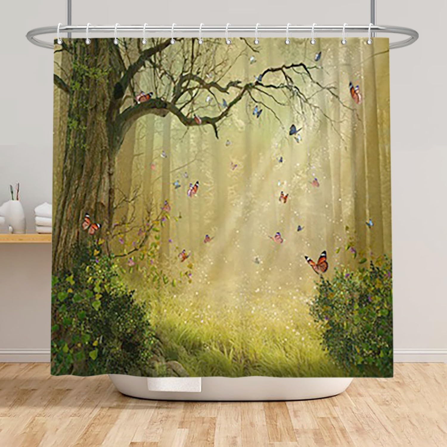 Xiaoterna Fairy Tale Forest Shower Curtain Fantastic Jungle Bathroom Curtain Jungle Safari Butterfly Shower Curtain Sunrise Scenery Shower Curtain Machine Washable Waterproof Fabric 90x180cm - Image 3