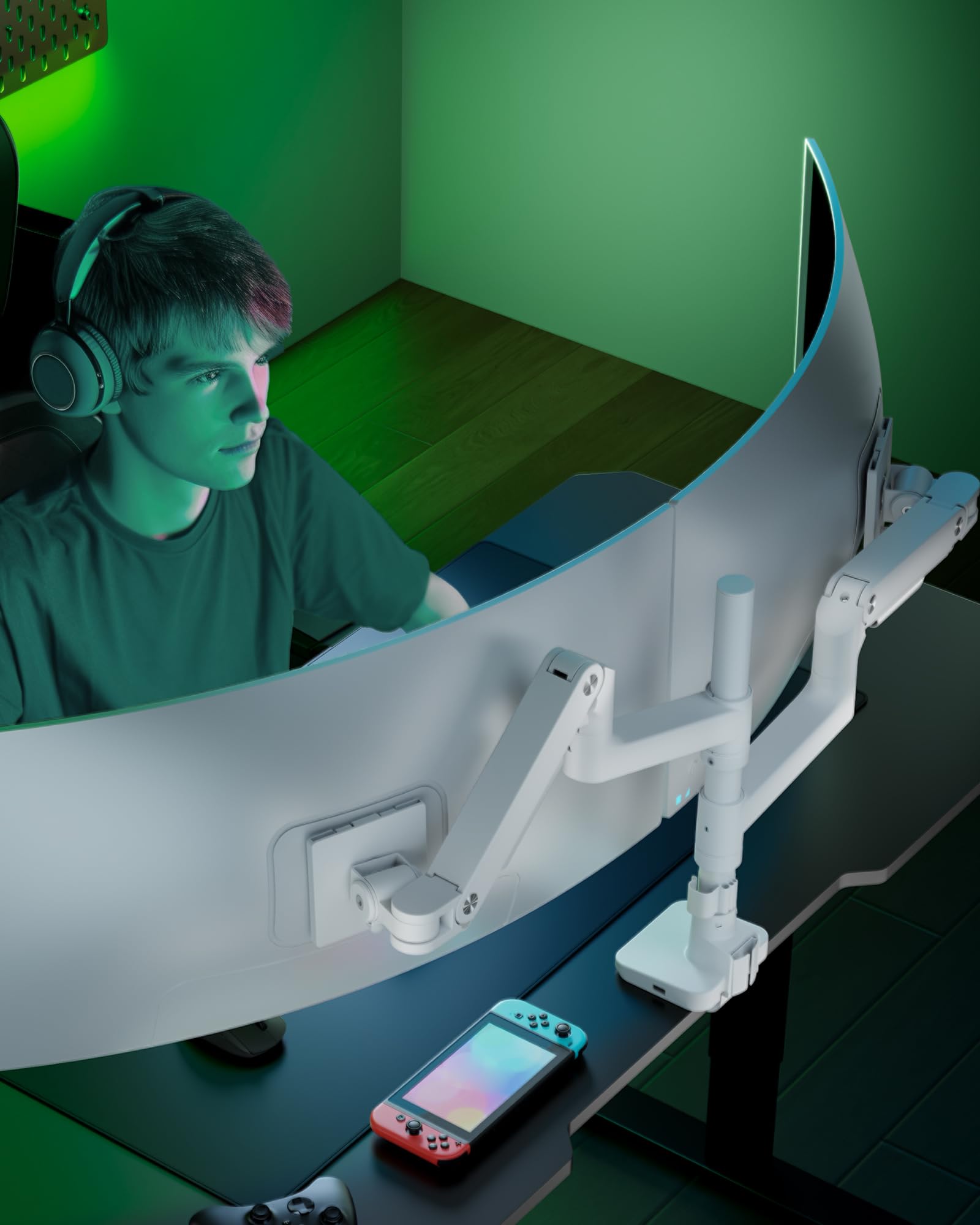 ARES WING Monitorhalterung 2 Monitore mit USB,17–49Zoll, 20kg/Arm, Weiß | Dual Monitorarm übereinander mit Gasfeder, höhenverstellbar für Curved & Flach-Bildschirme, Kabelmanagement, VESA 75/100 mm