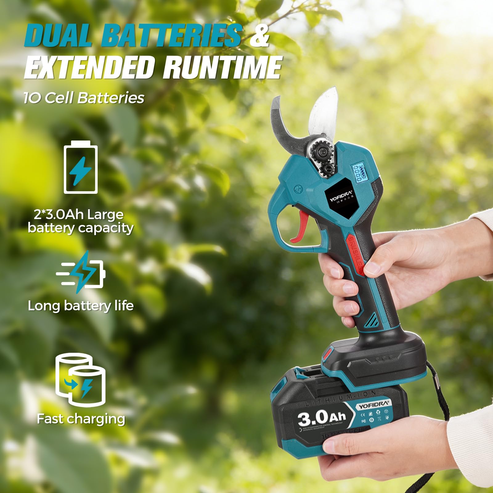 Yofidra 2-in-1 Akku Astschere Teleskop, 32mm Schnitt, Bürstenloser Motor, Elektrische Astschere mit Teleskopstange, 2x3,0Ah Batterien, LCD-Display, Max.4,1M, Gartenschere für Äste, Obstbäume