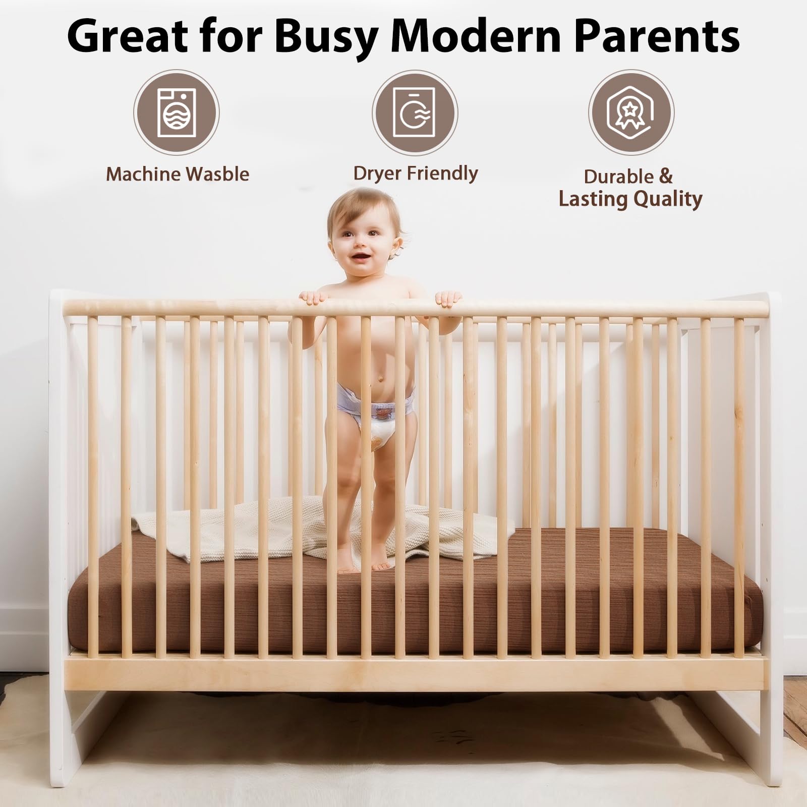 SNOOZYNEST 2 Pack Soft Muslin Baby Crib Sheets, 100% Cotton Breathable Double Layer Fitted Sheets for Standard Crib and Toddler Bed Mattresses 28x52 Inches, for Baby Girls and Boys (Brown & Rainbow