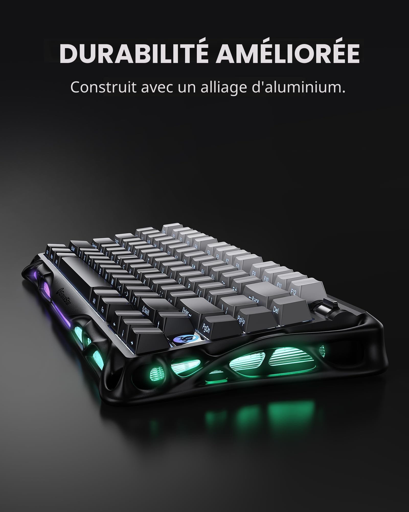 GravaStar Mercury K1 Clavier Mécanique de Jeu avec BT5.0/2.4G /Type-C, 75% Gasket Clavier Gamer RGB Rétroéclairé, Commutateurs Linéaires Pré-Lubrifiés Compatible QWERTY (Noir)