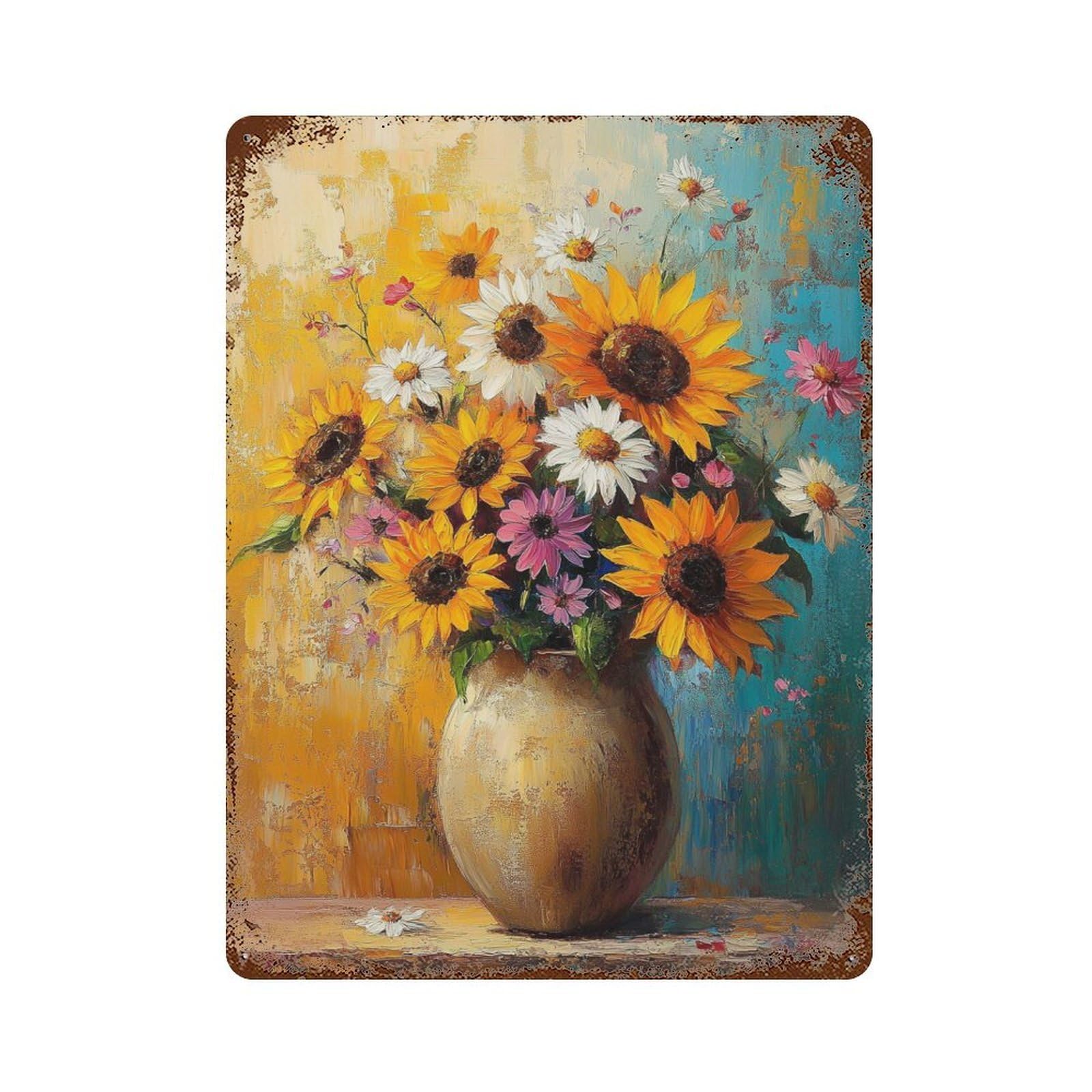 Rust Effect Sunflower Bouquet Painting-3 Rustic Tin Plaque 15.7"x11.8", Shabby Chic Decor for Basement, Hobby Room And Garage Decor
