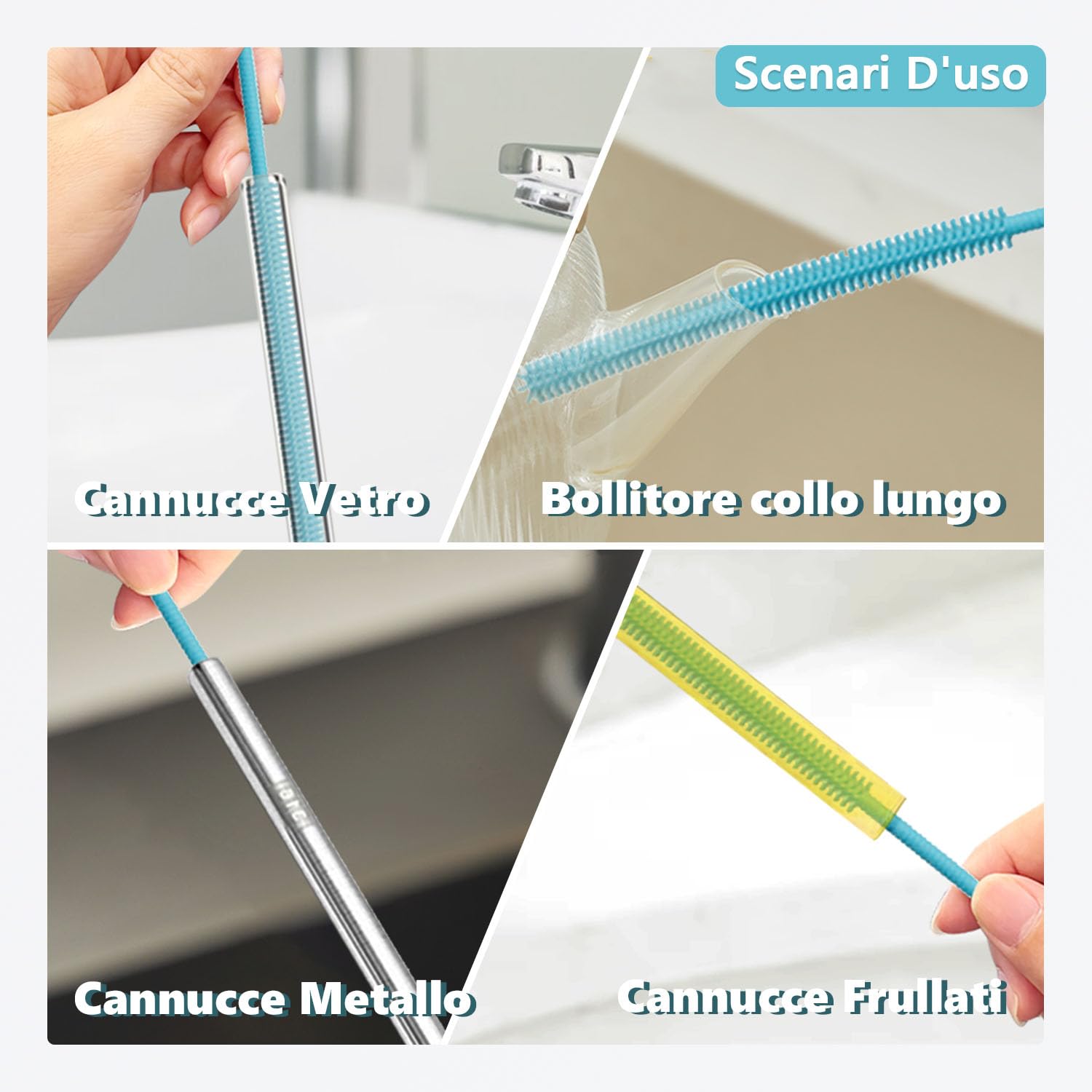 Spazzola Cannucce Silicone, 2Pezzi Scovolino per Cannucce Riutilizzabile per Vetro Metallo Frullati Cannucce e Tazze Cannuccia, Impugnatura Antiscivolo Morbida e Pieghevole, 6mm+9mm, Blu