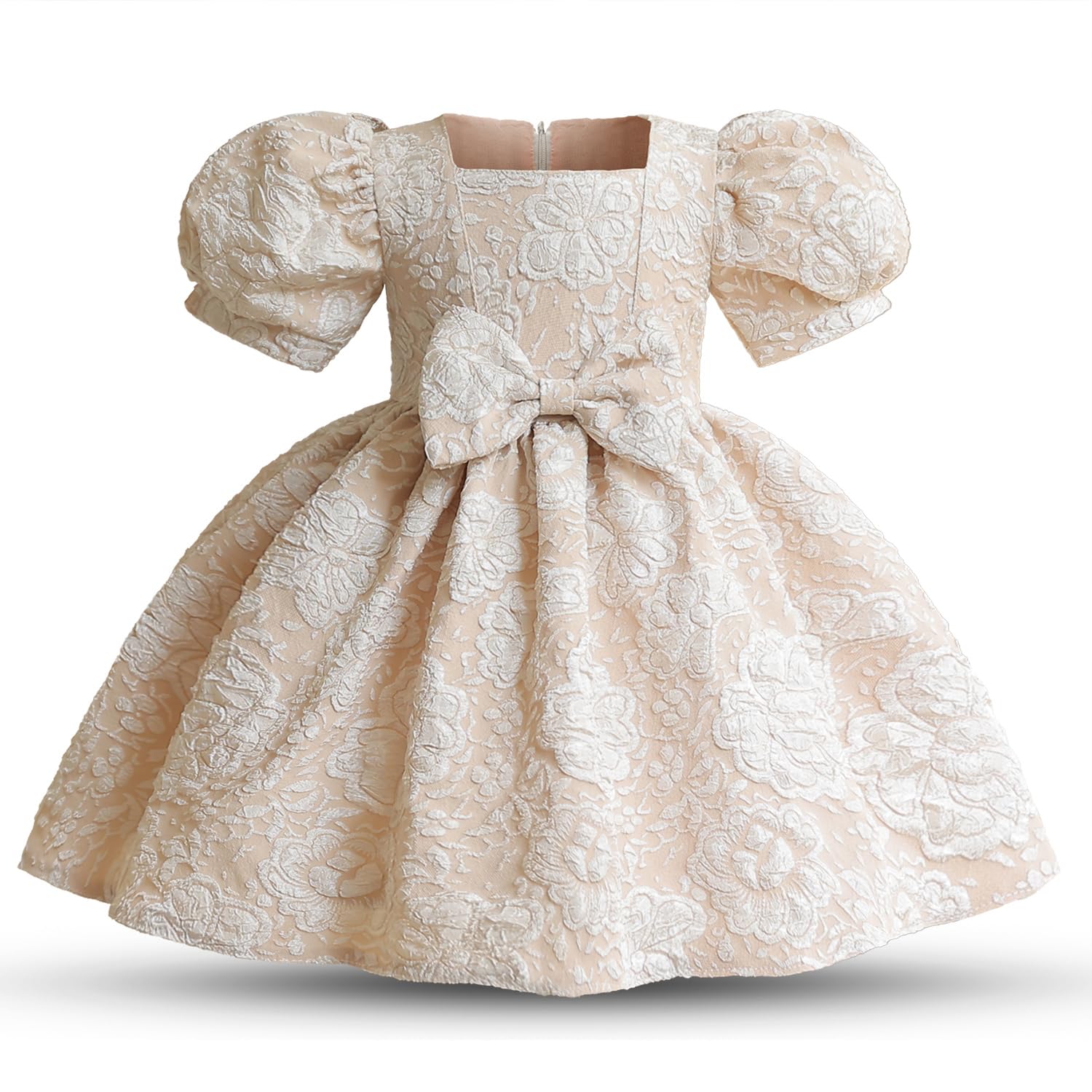 HNXDYYBaby Girl Birthday Party Tutu Flower Puff Sleeves Dress Toddler Wedding Bow-knot Pageant Gown (3-4 Years,38-Champagne) Size 110