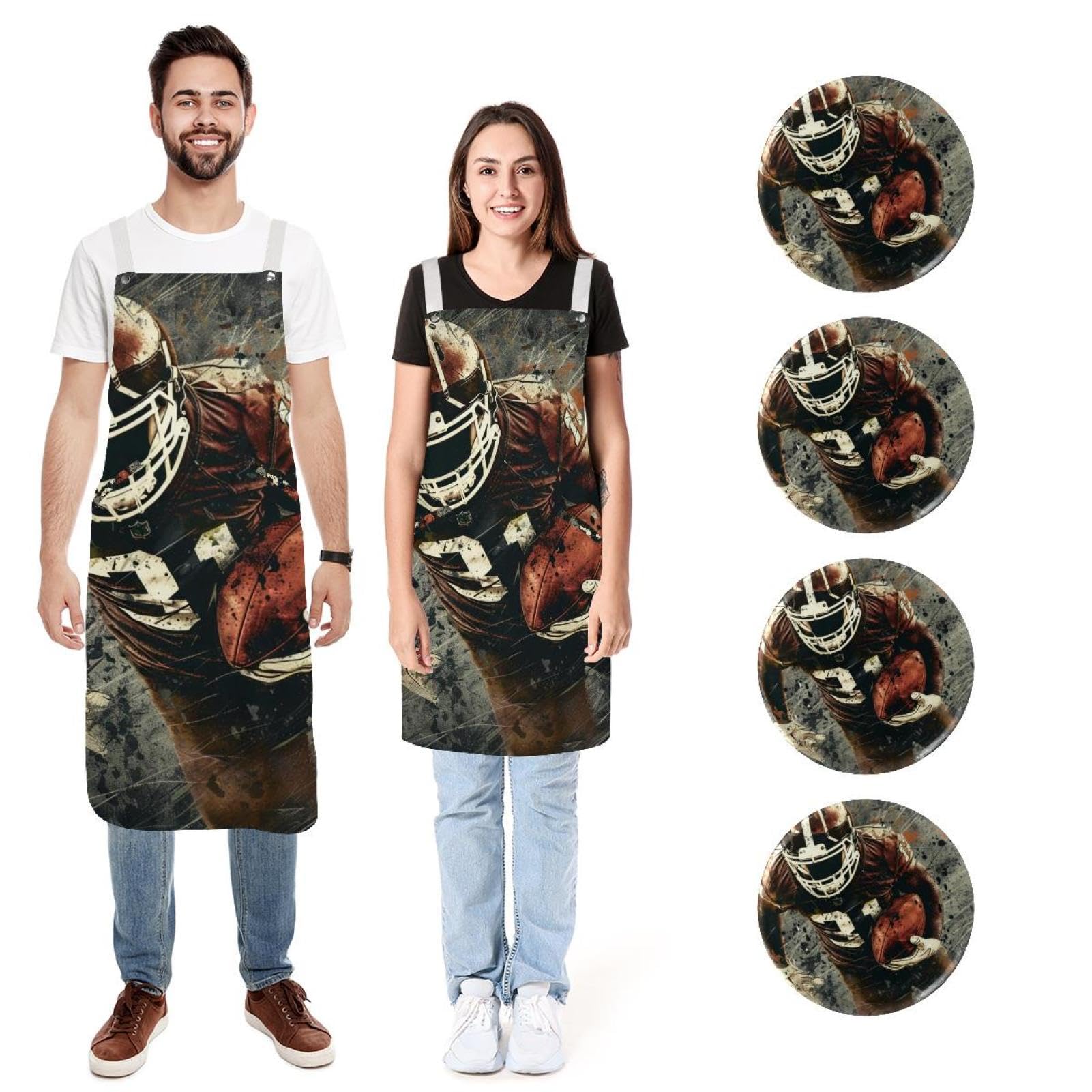 Lot de 2 tabliers de cuisine de cuisine - Imprimé joueurs rétro - Imperméables et réglables - Avec 2 poches - Pour homme et femme, Imprimé joueurs rétro,