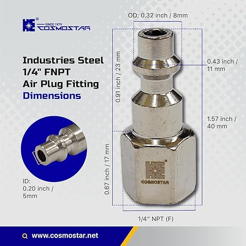 Miniatura 3 de COSMOSTAR Industries - Enchufe de aire MNPT de acero de 1/4 pulgadas, enchufe de 1/4 de pulgada y conector NPT de 1/4 pulgadas con sellador
