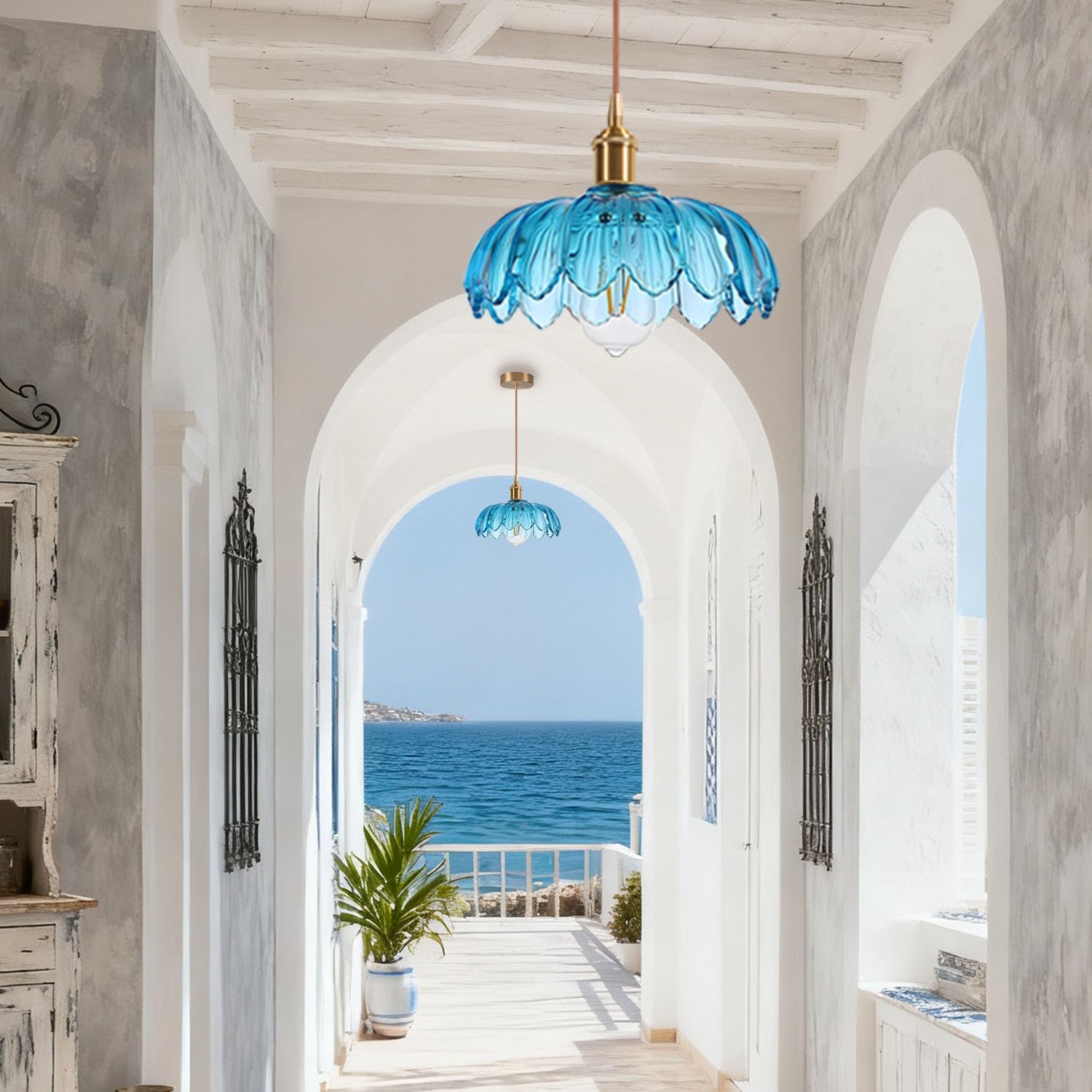 iDEGU Lampada a Sospensione in Vetro, 25CM Lampadario a Sospensione Vintage E27 Plafoniera Retrò Paralume Vetro Creativo Lampada da Soffitto per Soggiorno Isola Cucina Sala da Pranzo (Blu)