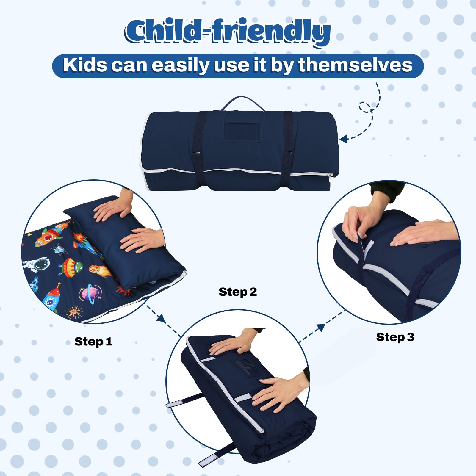 Saco de Dormir para Niños con Almohada, Tapete de Siesta para Niños y Niñas, Cálido Saco de Dormir de 150 x 60 cm, Tapete de Dormir Enrollable con Doble Cremallera