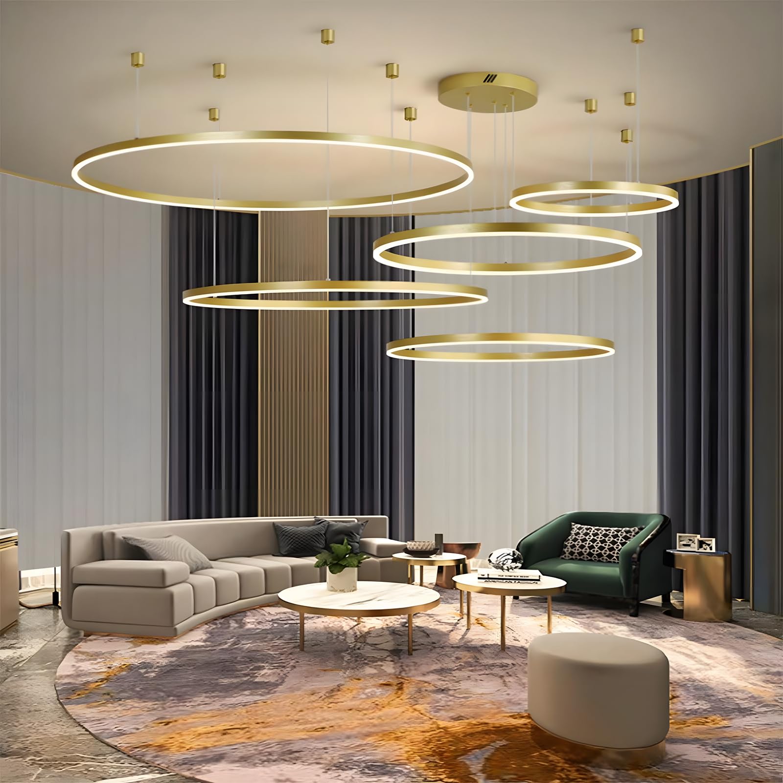 Metall LED Kronleuchter | 5 Kreise 20+40+60+80+100cm | 130W Rings Deckenhängelampe, Dimmbare Fernbedienung 3000–6000K, Acryl Schirm Pendelleuchte, Wohnzimmer Schlafzimmer Esszimmer【Gold】