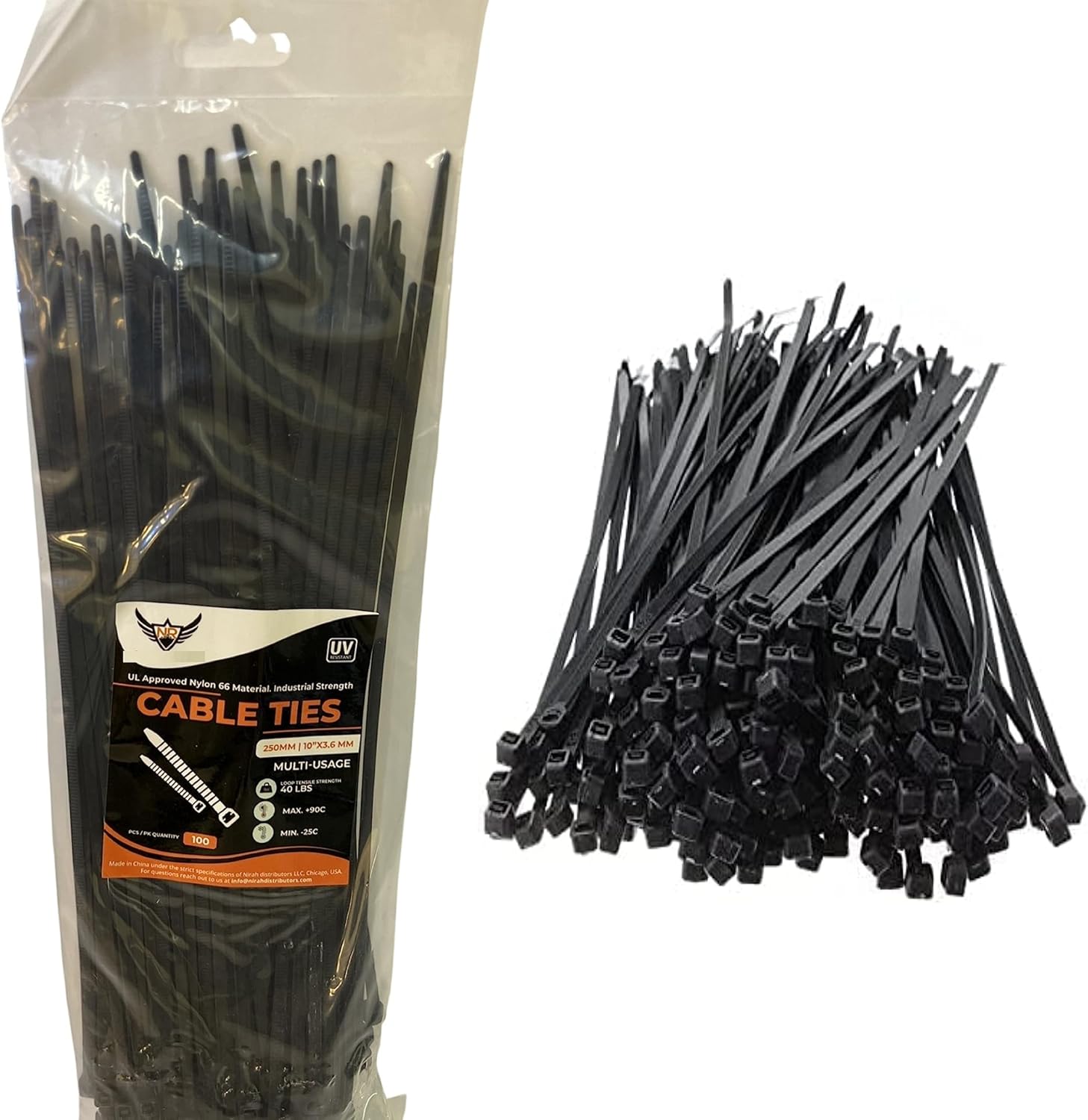 Nirah Black Zip Ties 10 inch Black Zip Ties 100 Pack with 40 lbs Industrial Tensile