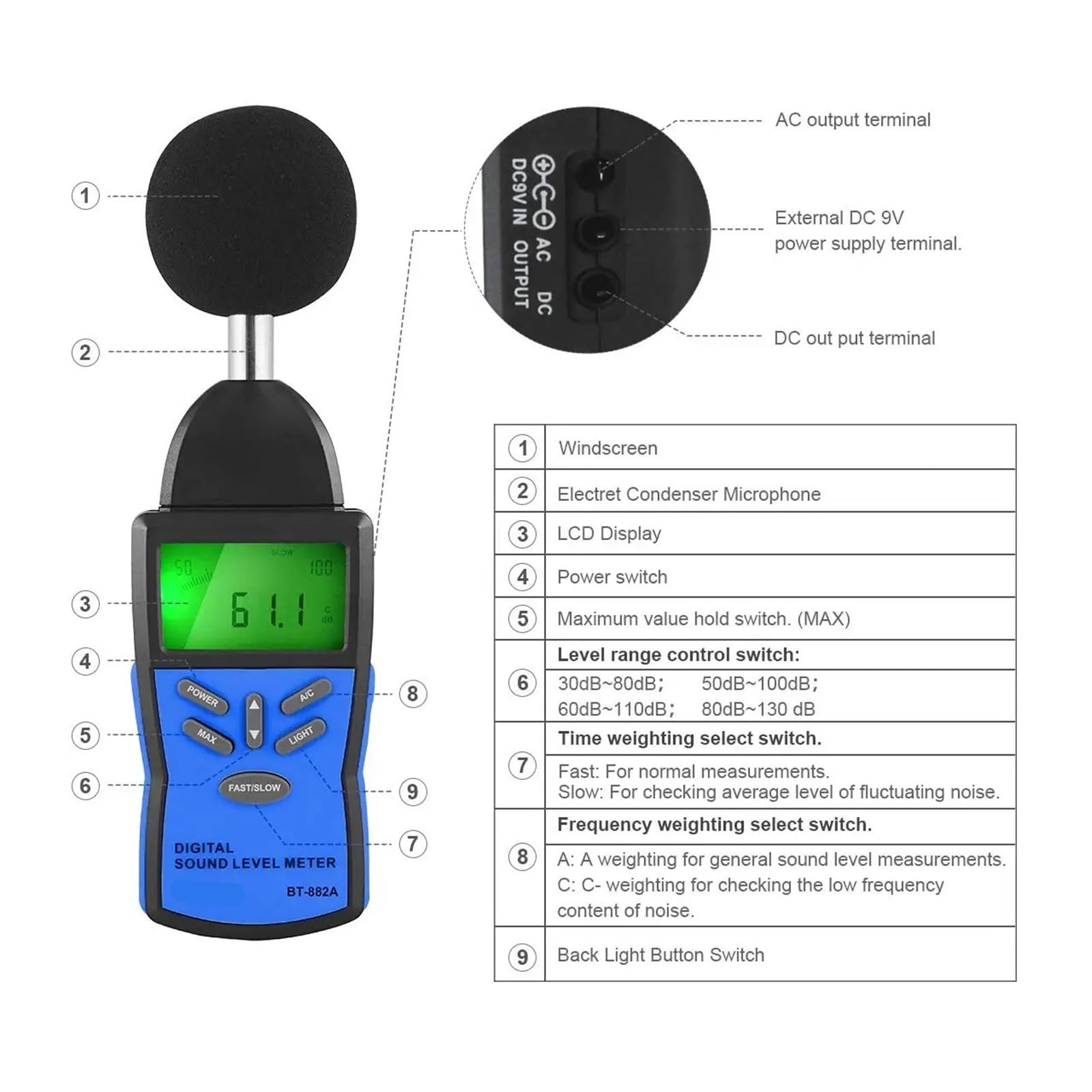 Sonómetro de precisión BT-882A, comprobador Digital de decibelios, para medición de Volumen de Ruido de 30 a 130 dB, con ponderación rápida/Lenta A/C
