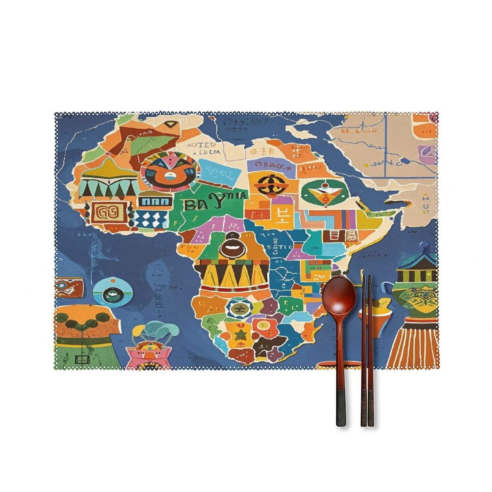 African Map Ethnic Pattern Placemats Set of 6 Washable Farmhouse Dining Table Mat Non Slip Heat Resistant Non-Slip Place Mats Easy Clean Table Protective Placemats for Indoors & Outdoors