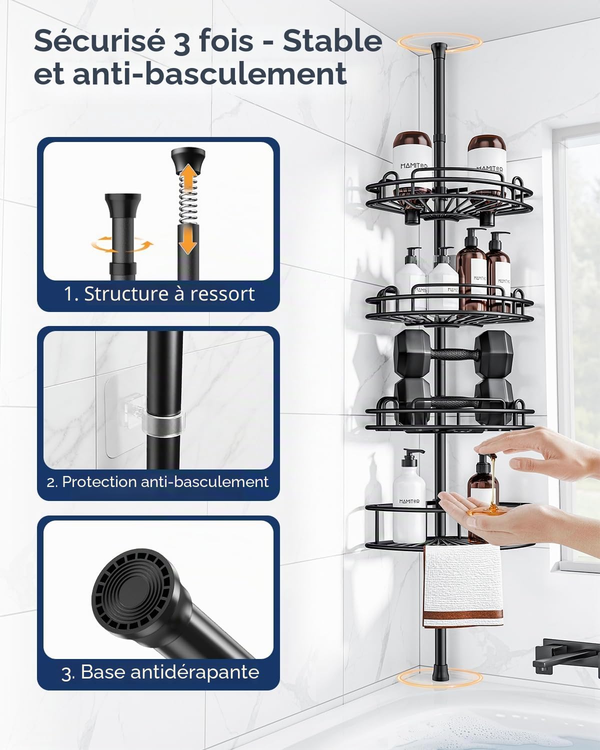 HAMITOR Etagere Douche Telescopique Angle: 4 Etages en Metal Etagere Salle de Bain sans Percage, Bathroom Rangement pour Shampoings, Savons & Gels de Douche — Longueur Reglable 121-314 cm, Noire