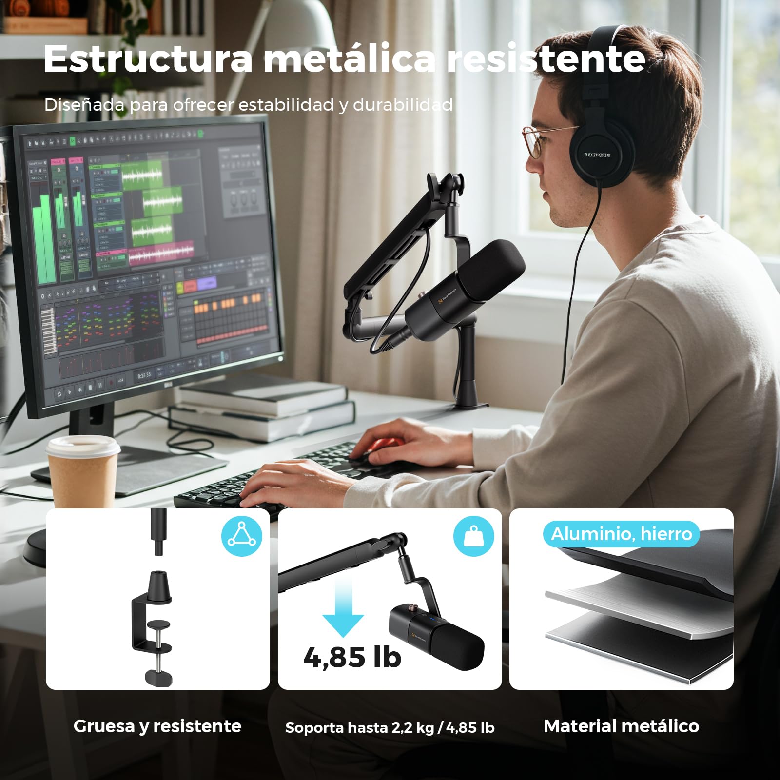 NearStream Soporte Micrófono con 3 Adaptadores (1/4", 3/8", 5/8"), Brazo Ajustable con Gestión de Cables, Elevador 4,5", Fijación Mesa para Podcast/Streaming/Juegos/Oficina (ST20)