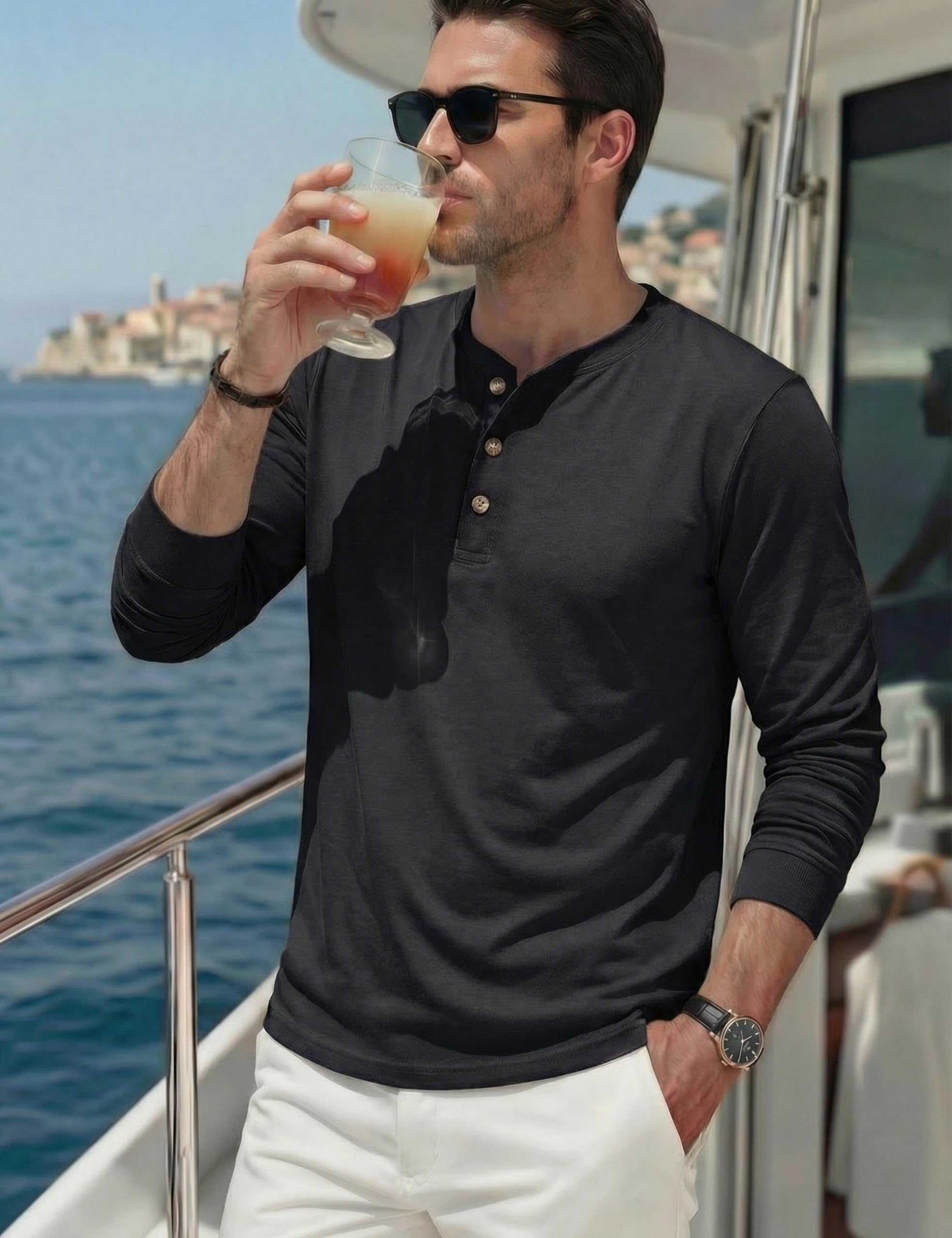 TACVASEN Tshirt Uomo Cotone Maglietta Uomo Manica Lunga Maglia Henley Camicia Elegante Base con Sfilo a Bottoni Taglio Regular Camicia Casual