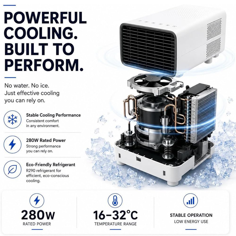 Condizionatore Portatile da Viaggio 3000BTU Timer 12H | 3-in-1 Freddo/Ventola/Deumidifica,Silenzioso 45dB,Timer 12H & Telecomando,Materiale ABS Antiurto,per Camper Van Dormitorio