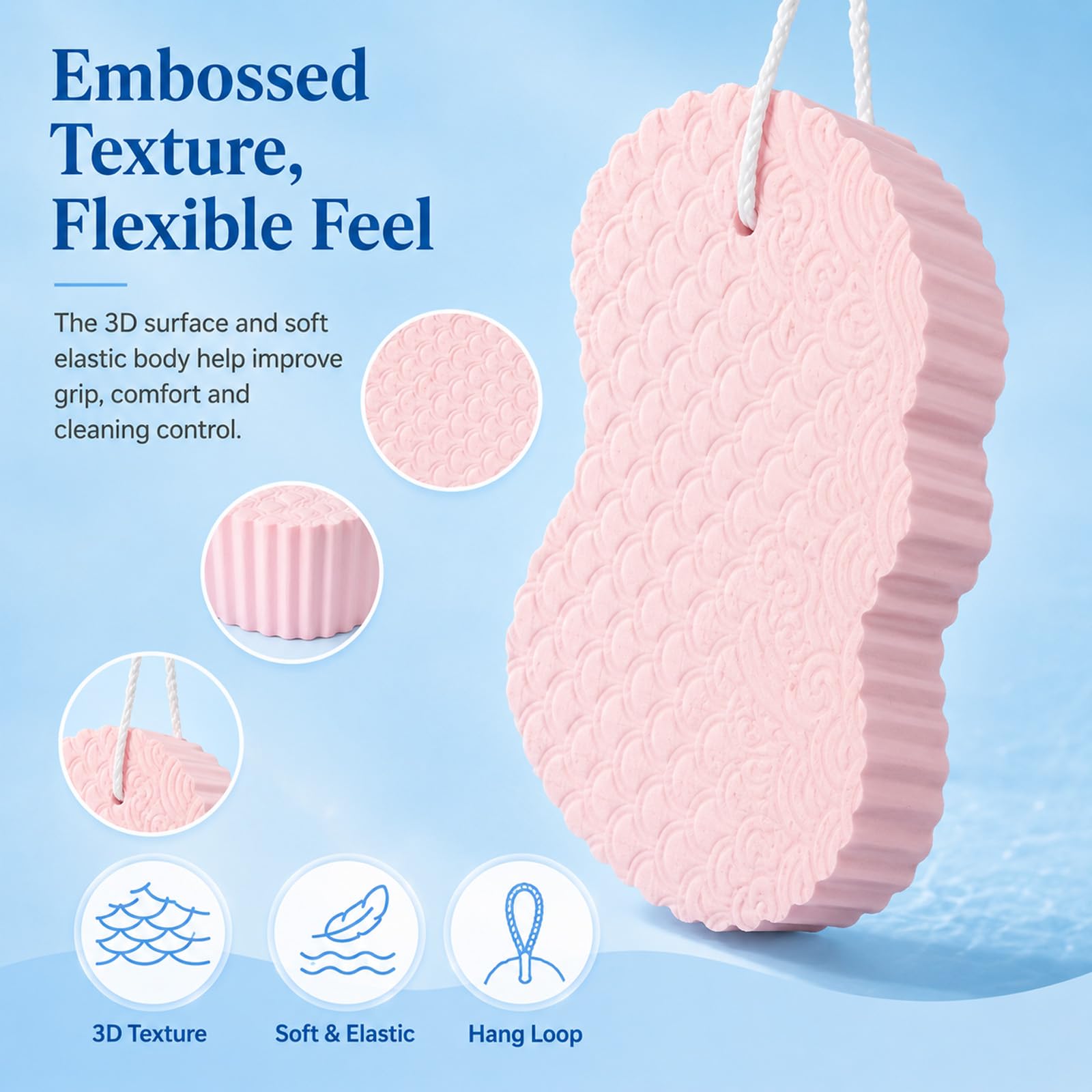 Japelessor Super Soft Exfoliating Bath Sponge, Exfoliator Dead Skin Remove, 3D Bath Sponge Shower Brush, Sponge Bath Sponge for Adults Children and Pregnant Women (A-Pink) 3