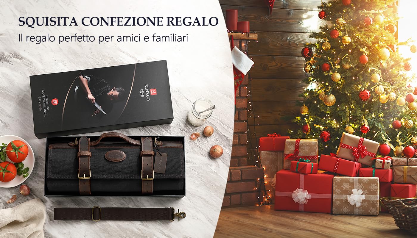XINZUO Borsa a Rotolo per Coltelli Nera,Bcustodia per Coltelli da Chef,12 Scomparti per Contenere Gli Strumenti da Cucina,Tela Cerata da 16oz e Pelle,Borsa Porta di Utensili di Cucina (Solo Borsa)
