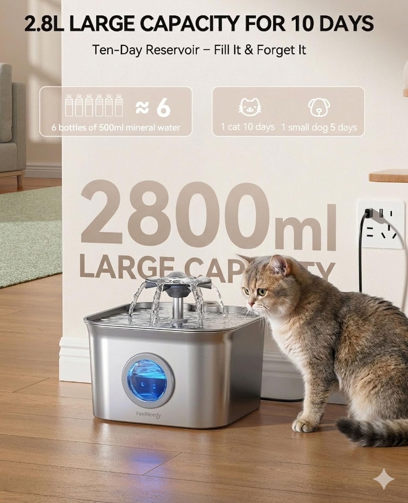 Stainless Steel Cat Water Fountain, 99oz/2.8L Auto Pet Drinking Fountain with 20dB Ultra-Quiet Pump- Ideal for Timid Pets, LED Water Level Window, Dishwasher Safe, 24/7 Circulating Flow - FEELNEEDY - image 7
