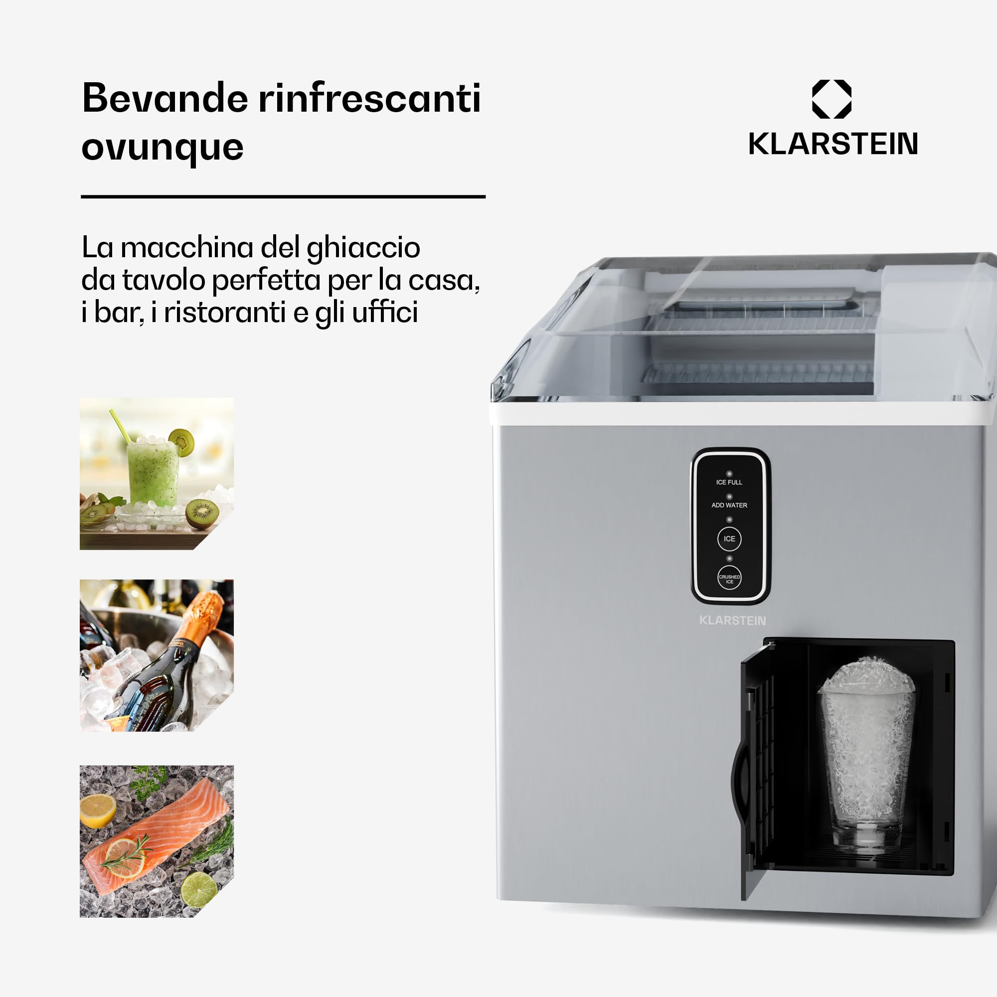 KLARSTEIN - Macchina del Ghiaccio, Acciaio Inox, 15kg/24h, Cubetti & Ghiaccio Tritato, Serbatoio: 1,8L, Pannello LED, Allarme del Livello dell'Acqua, Macchina del Ghiaccio per la Casa