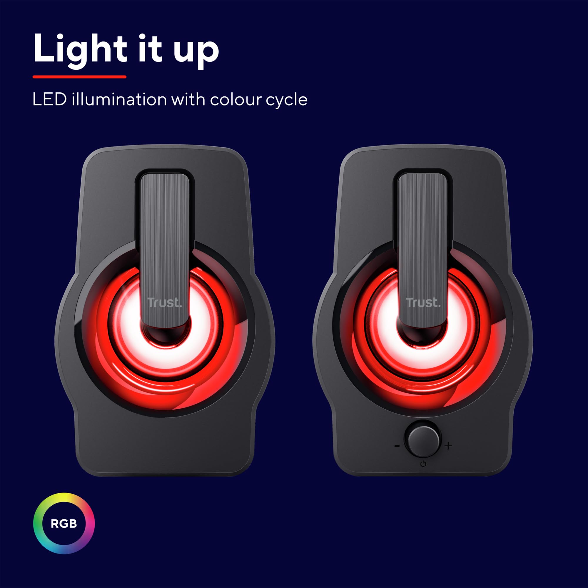 Trust Gemi Casse PC Mini LED RGB 12W (6W RMS), Altoparlanti PC Piccoli con Illuminazione LED, Alimentazione USB, Casse Audio Jack Aux 3.5mm, Compatto Set Altoparlante per Computer Laptop - Nero
