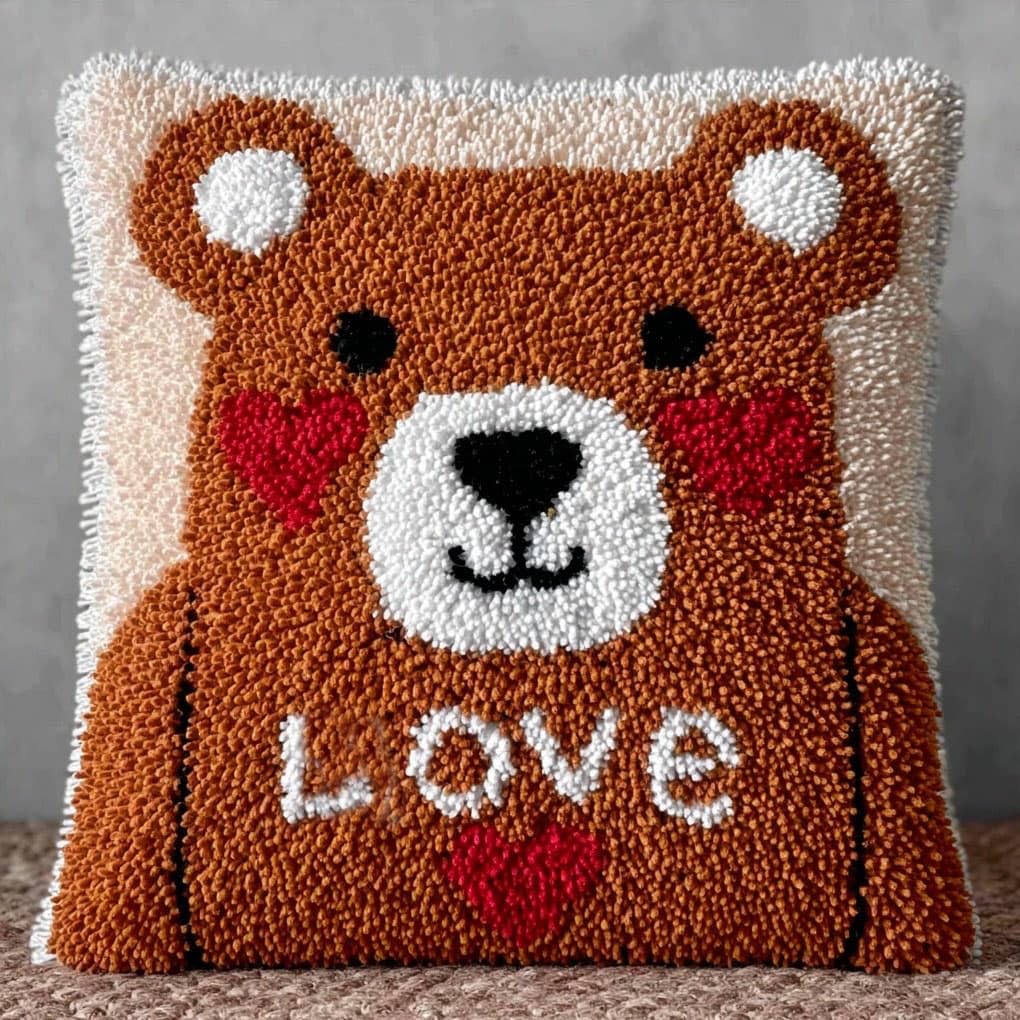 WallustrioaW Latch Hook Kits Pillow for Adults,Heart-Shaped Bear