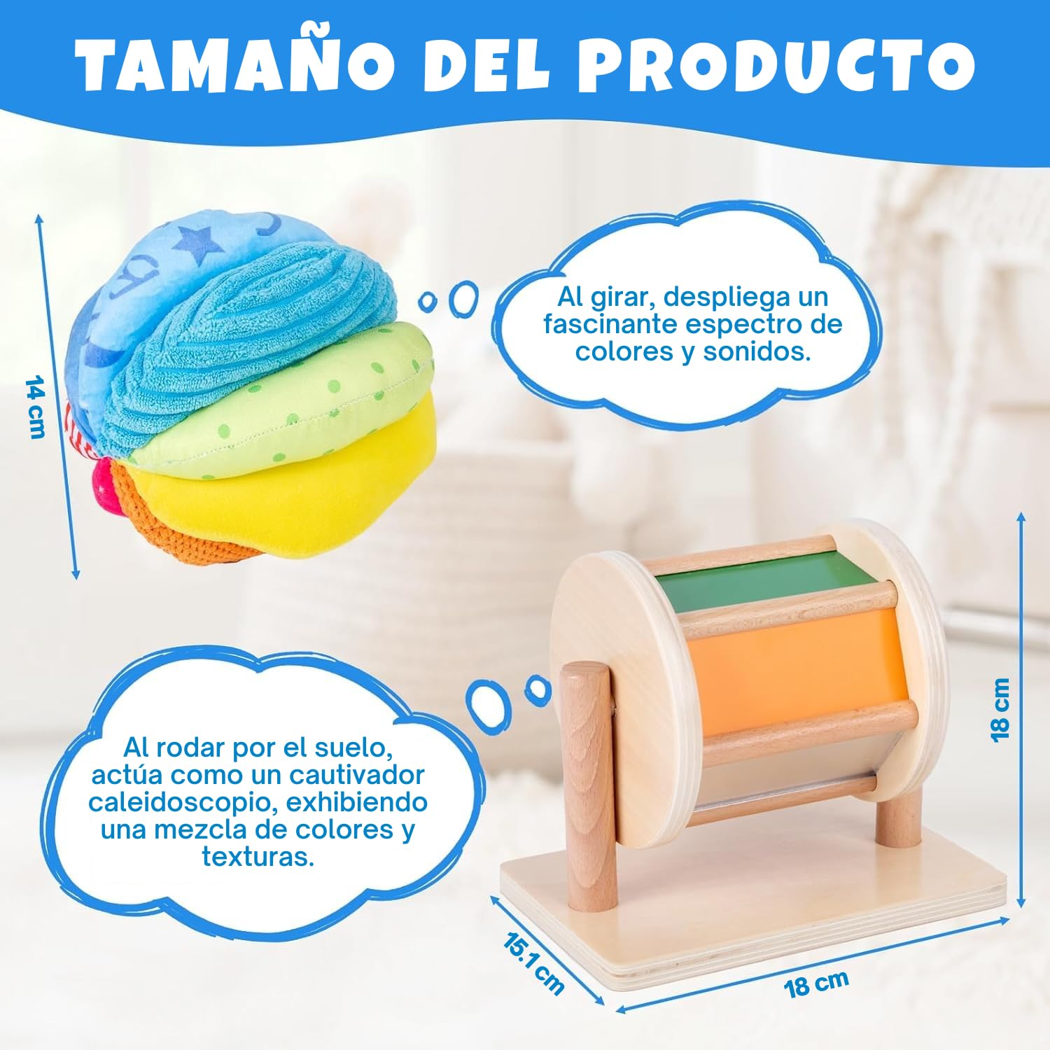 Adena Montessori Juego de juguetes para bebé con espejo Montessori, rompecabezas de botón Peekaboo, tambor giratorio medio y juego de bolas de tela arcoíris para niños de 6 a 12 meses (juego 3)