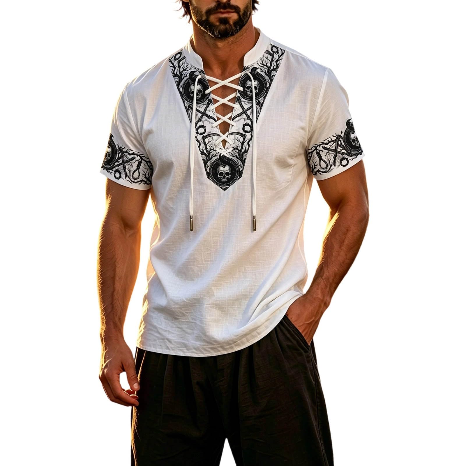 Summer Shirts for Men Short Sleeve Medieval Pirate Scottish Ghillie Shirt — image 1