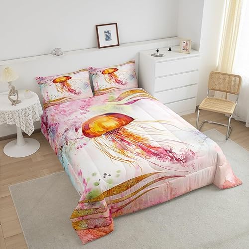 Miniatura 3 de Erosebridal Juego de edredón de medusas, relleno de edredón de flores de cerezo rosa para niñas y niños, juegos de ropa de cama de medusas 3D ombré,