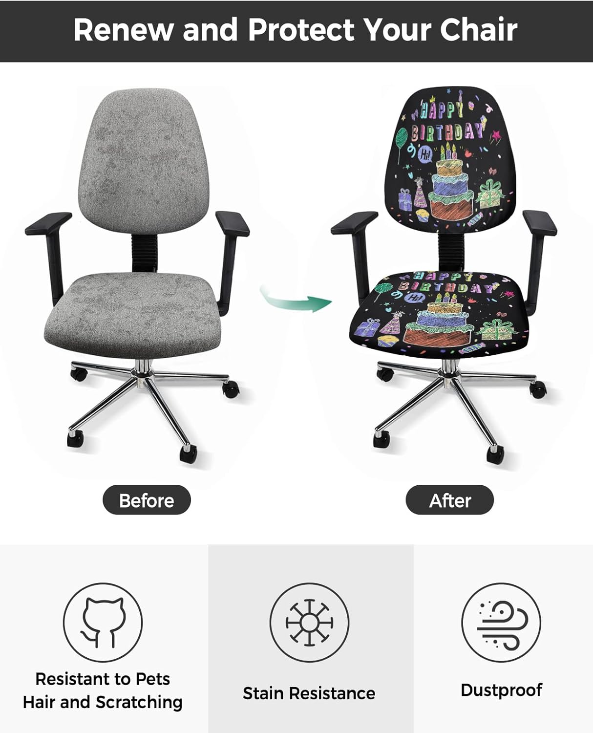 LiDU Happy Birthday Office Chair Cover - Stretch Rotating Computer Chair Seat Back Covers, Birthday Gifts Cake Balloons Black Desk Chair Covers Stretchable Office Chair Slipcovers Protectors