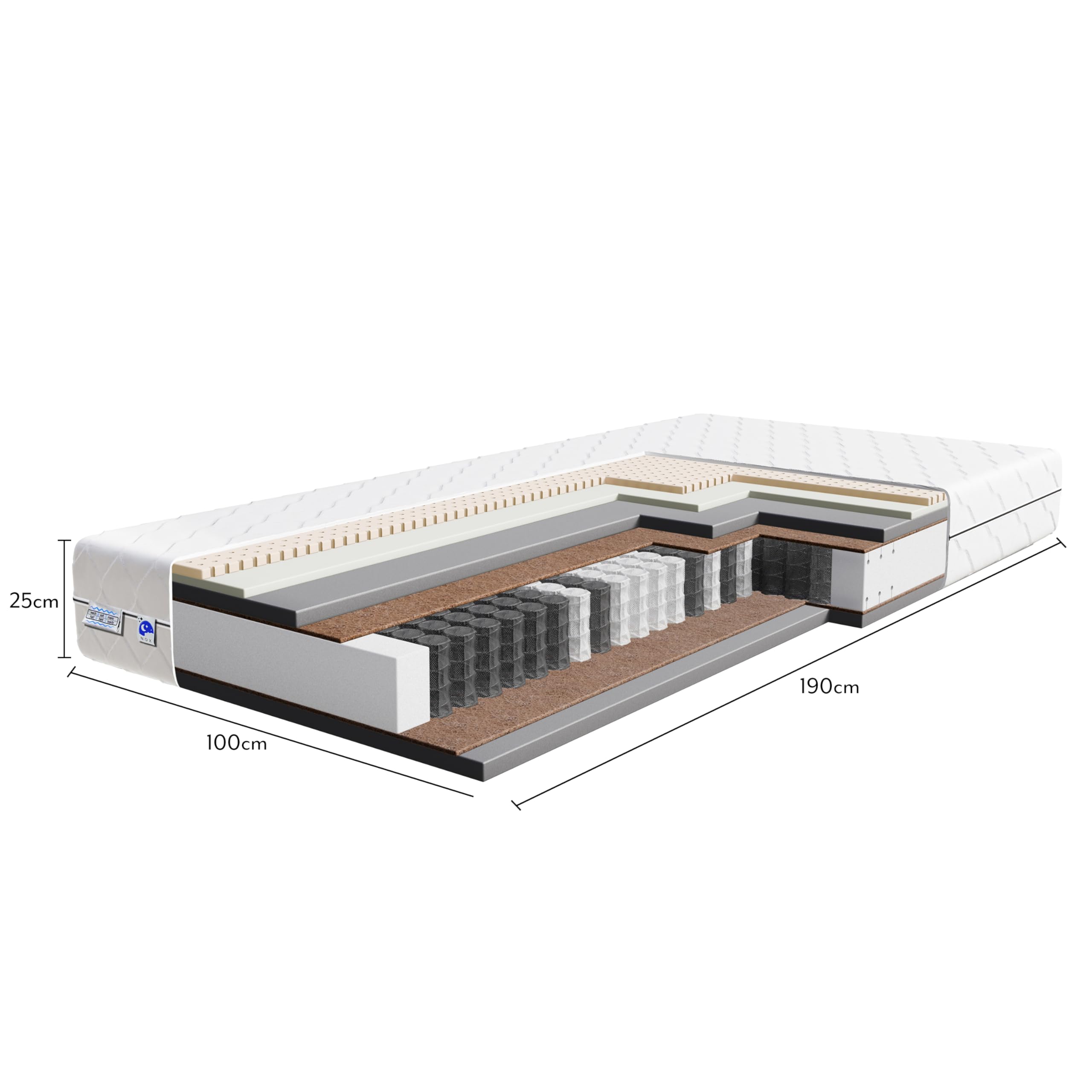 TULENA NOX Matelas 100 x 190 cm avec Mousse à mémoire de Forme et Latex| Matelas à Ressorts Ensachés | Fermeté H4 + H5 Confort Plus 25 cm d'Épaisseur | Enroulable réversible