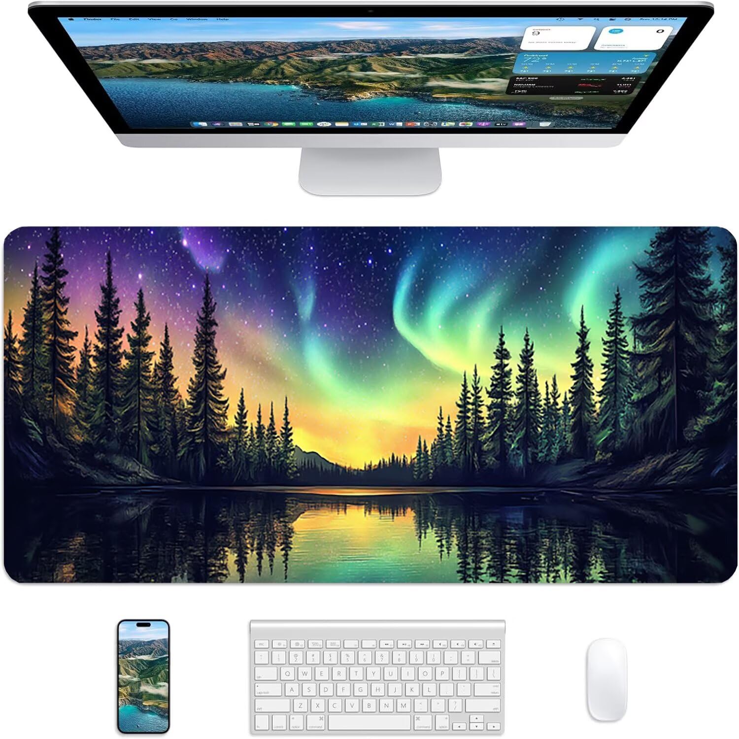 Lejnlnng Podkładka pod mysz do gier XXL, 120 x 60 cm, zorza polarna, wodoodporna podkładka pod mysz XL, krajobraz, antypoślizgowa gumowa podkładka pod mysz z przeszytymi krawędziami, do biura, nauki