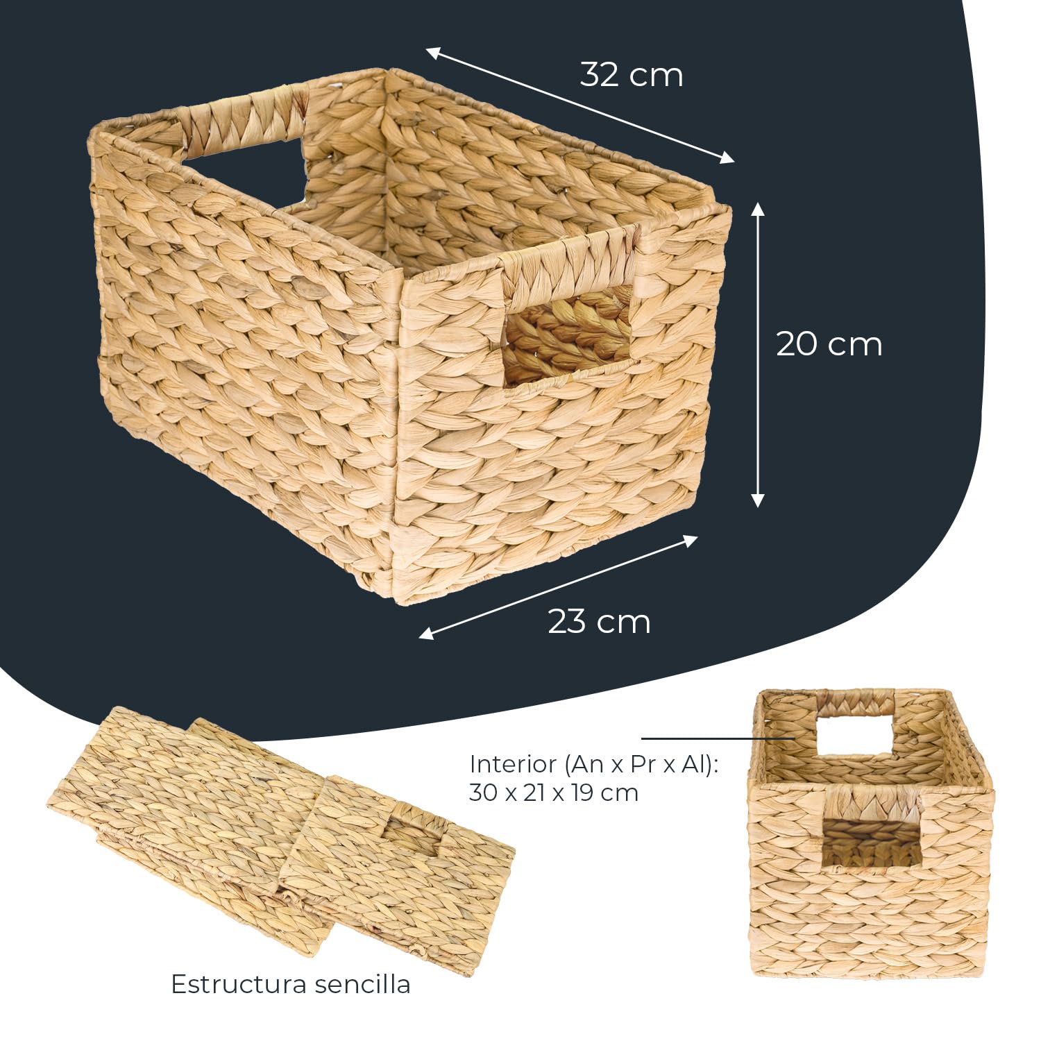 HMF Cesta de almacenaje trenzada organizadora de jacinto de agua, cesta decorativa con asas para baño, cocina, salón y estantería | Juego de 2 | Tamaño M | 32 x 23 x 20 cm | Natural
