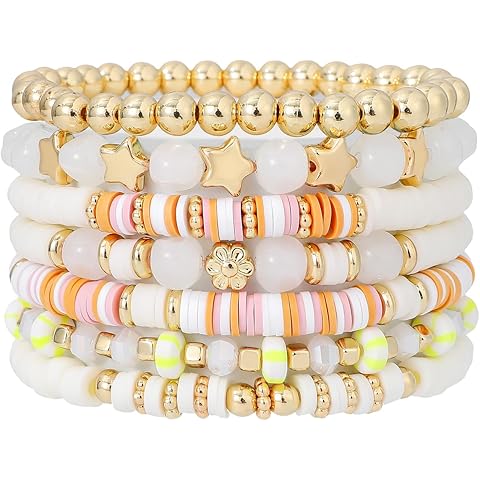 GOOJIDS Surfer Heishi Clay Bead Bracelets for Women Bohemian Stackable Gold Plated Beaded Stretch Bracelets Elastic Layering Friendship Bracelets Set Boho Jewelry