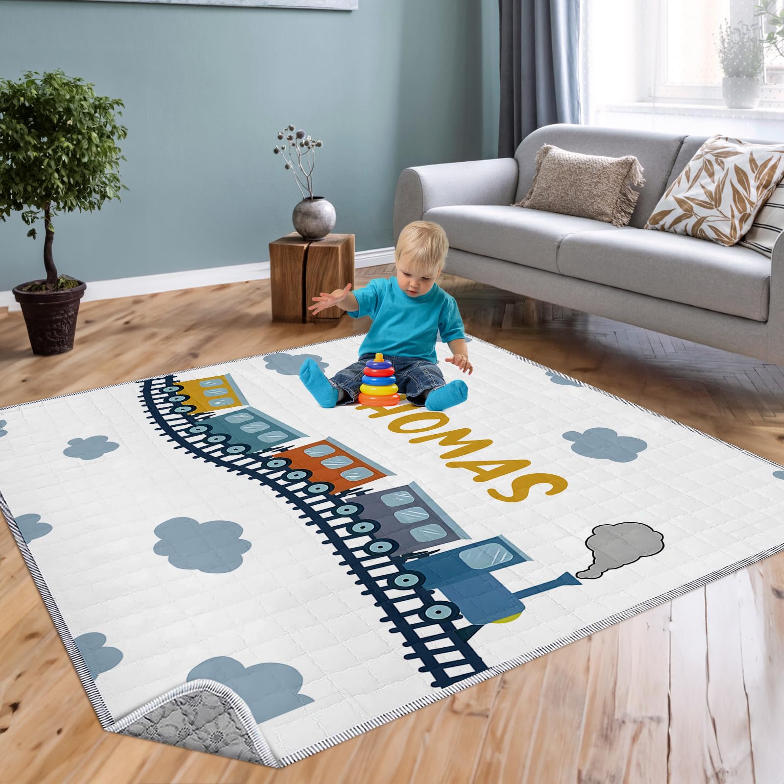 Personalized Baby Playmat with Name - Personalized Baby Playmat - Train Pattern Washable Baby Play Mat Portable Playmat for Babies, Foldable Toddler Playpen Mat Non-Slip Baby Mat(43