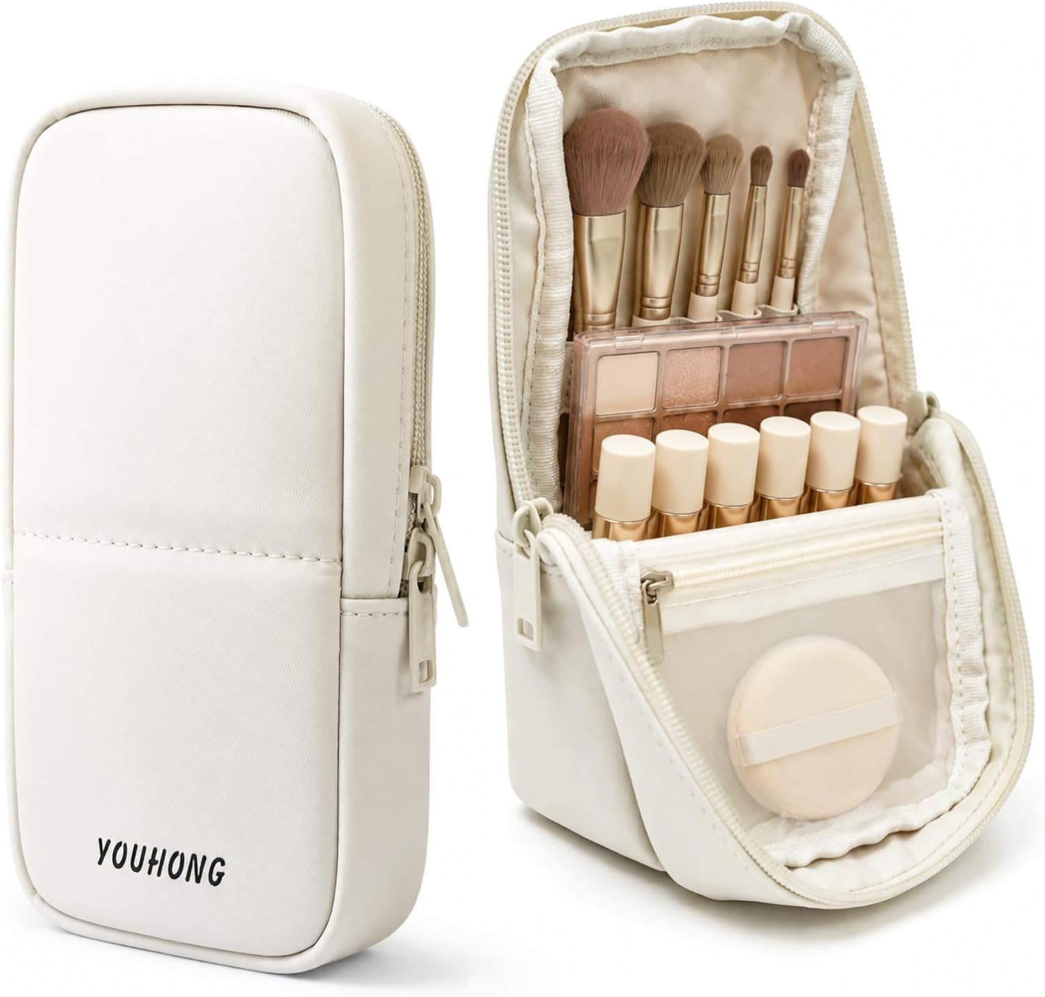 Standing Travel Makeup Brush Bag, Waterproof PU Cosmetic Bag, Cream White
