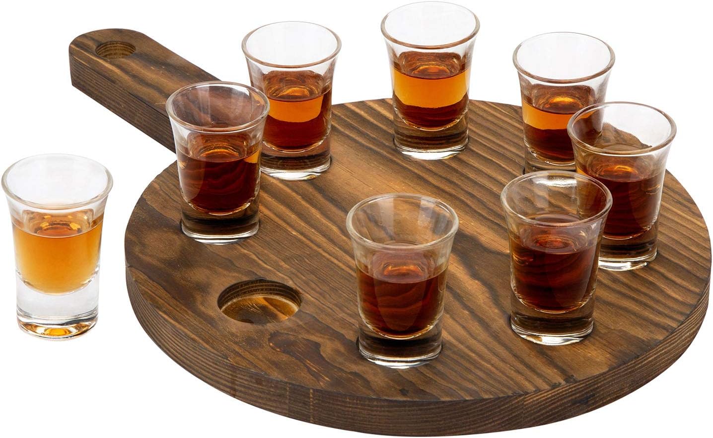 BPA 9 Piece Shot Glass Set with Burnt Wood Paddle Board Serving Tray, Shooter Shot Glasses and Flight Board