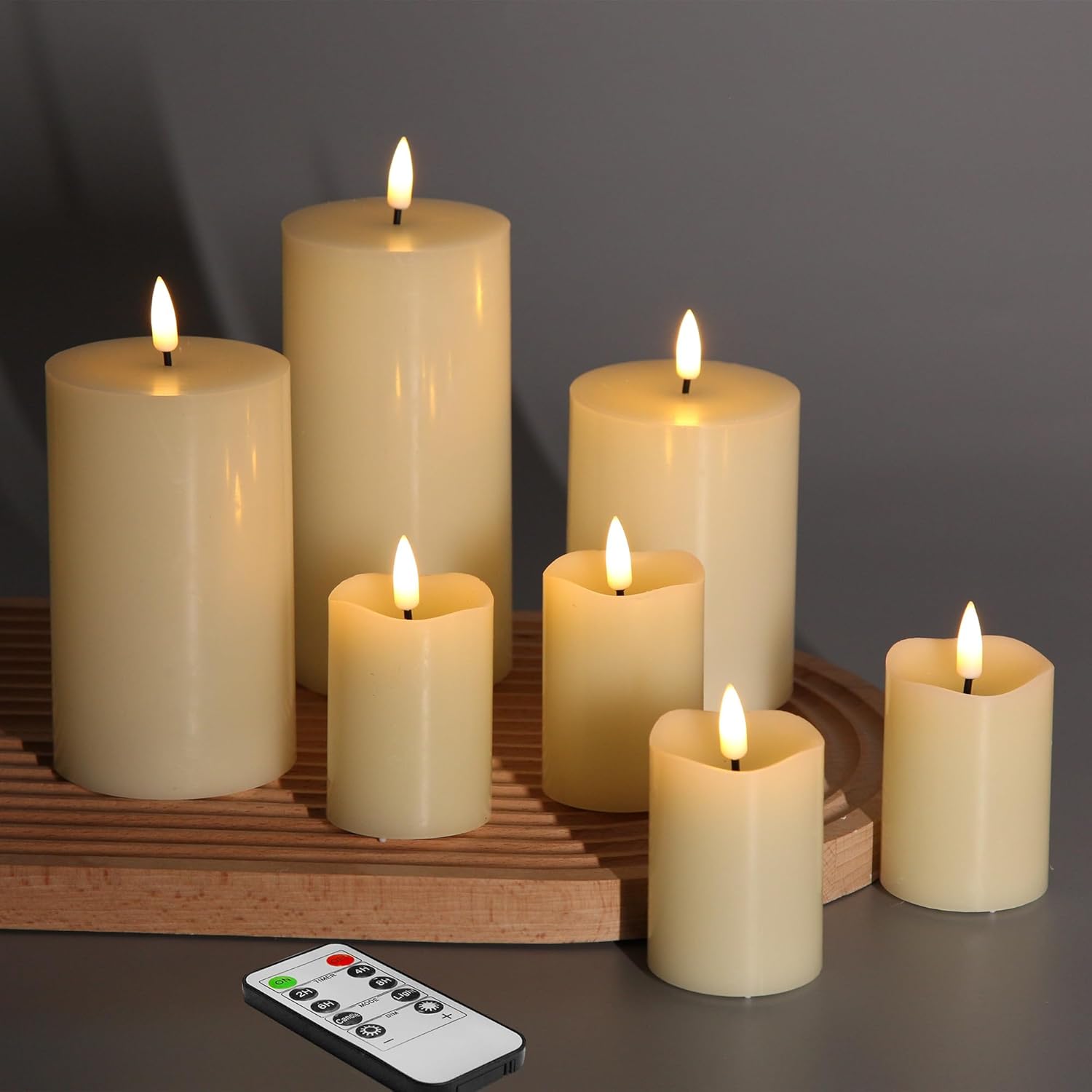 Eywamage Flameless Votive Pillar Candles with Remote Batteries Included, LED Electric Candles Set of 7, Flickering Realistic ABS+Paraffin Wax, Ivory