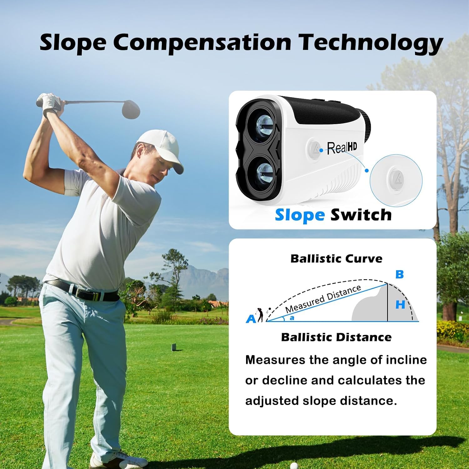 Real HD Telémetro de golf con pendiente, 1,200 yardas, aumento 7X con imán, vibración de bloqueo de bandera, telémetro láser recargable para caza