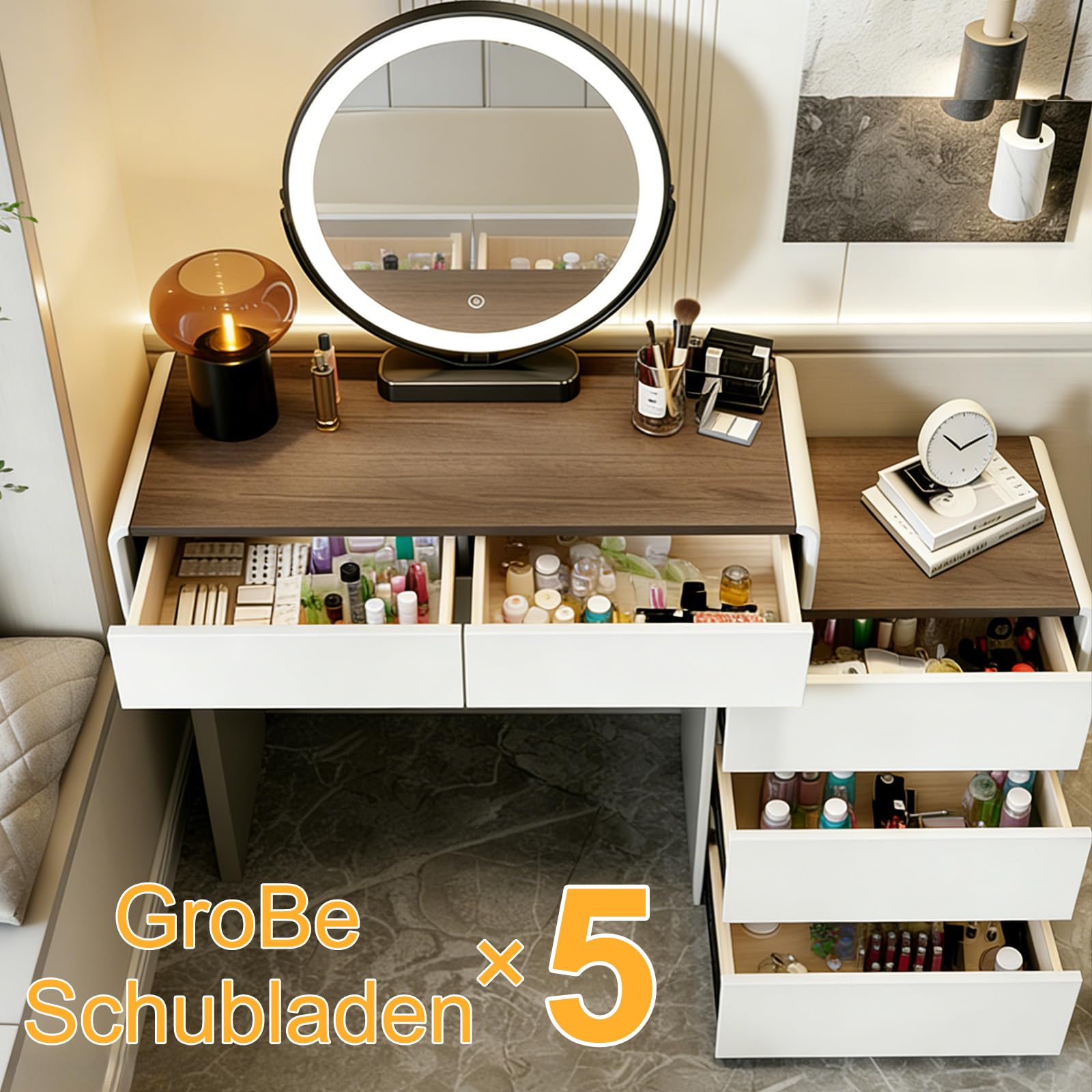 Schminktisch mit Holzmaserung, L-förmiger Frisiertisch mit Spiegel, Moderner Ecke Kosmetiktisch mit 5 Schubladen und Schrank, Einfach zu Montieren für Mädchen Schlafzimmer, 100cm