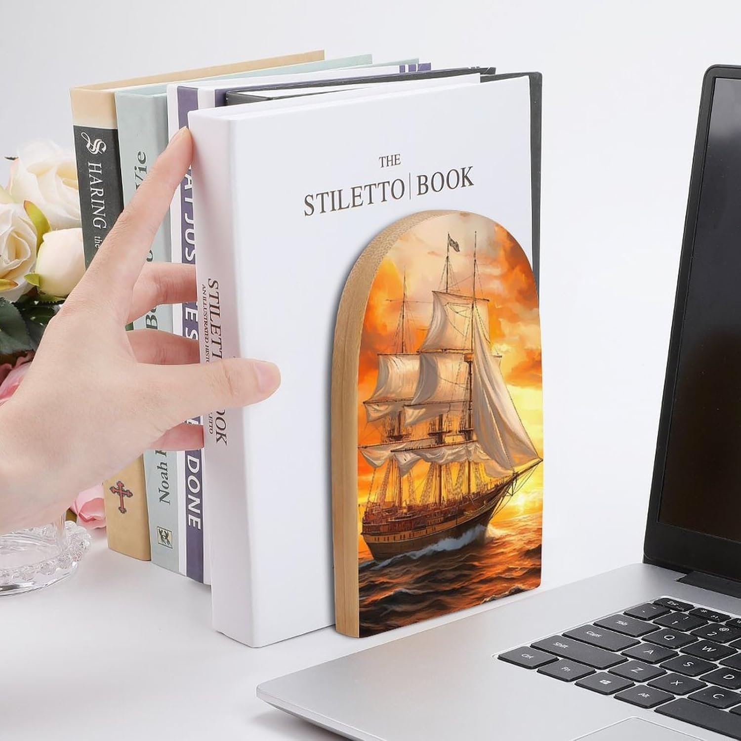 Sail Boat Sailing Ship Cute Wood Book Ends Decorative Bookends 1 Pair Non-Skid for Shelves Home Office 7 X 5 Inch