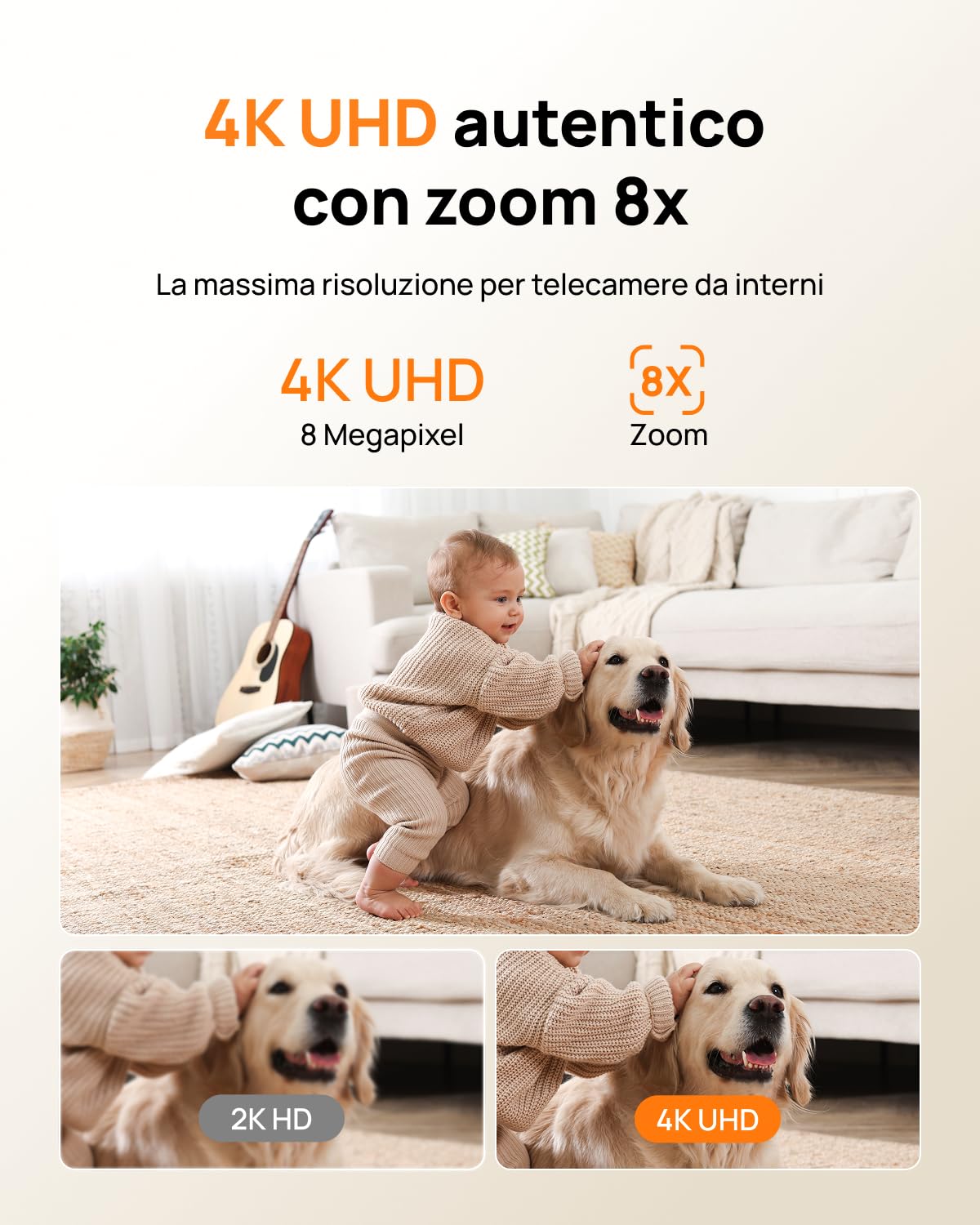 Anona Pano 4K Telecamera WIFI Interno, 8MP Videocamera Sorveglianza Animali/Cane/Bambino, 360° PTZ, Wi-Fi 6 2,4/5G, Auto-Tracking, Rilevamento AI Persone/Animali/Pianto, Privacy, Audio Bidirezionale