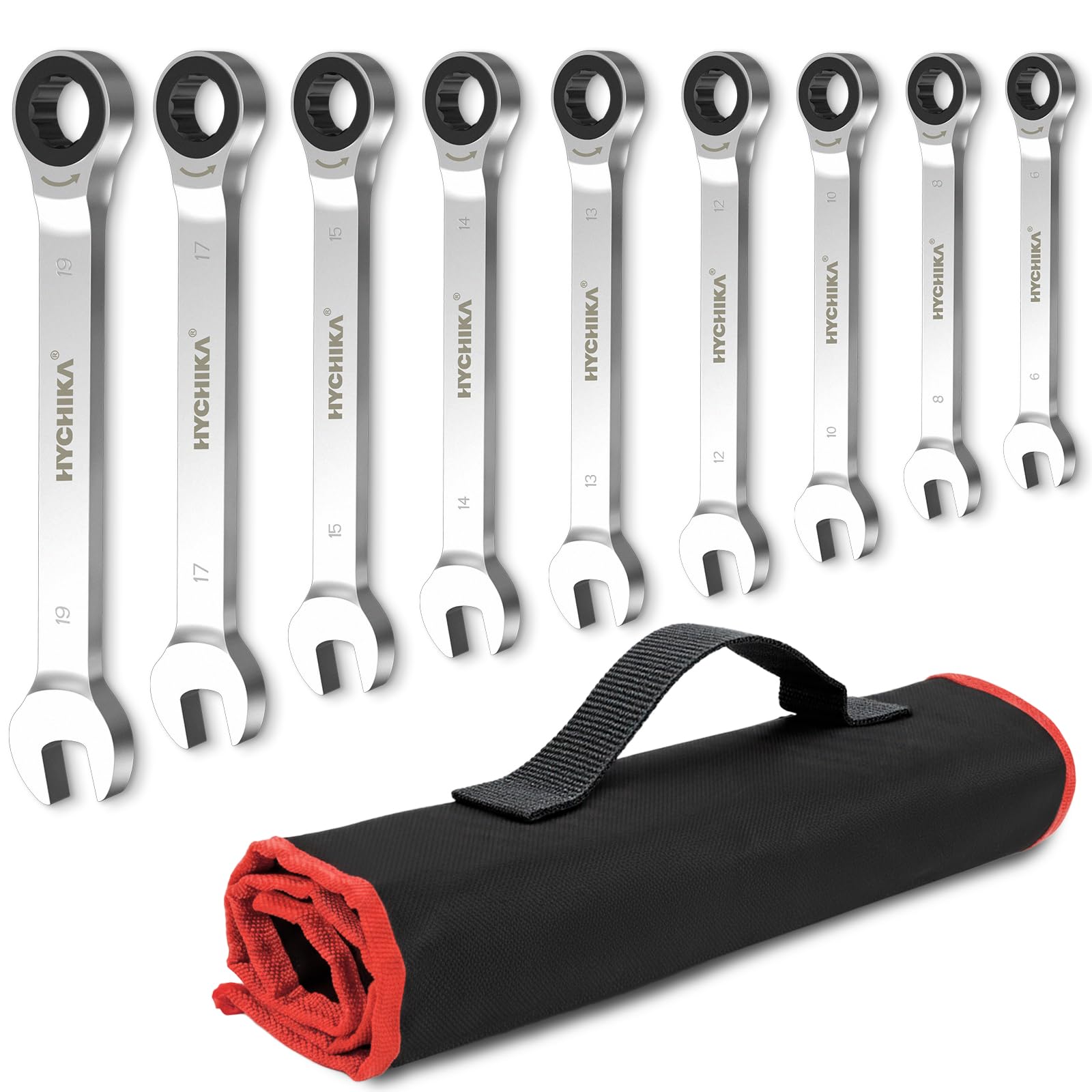 HYCHIKA Fixed Spanners 9Pcs, Fixed Spanners with Ratchet 6-19mm with Storage Bag, Wrench Set, Combination Wrenches, 72 Teeth Ratchet Gear