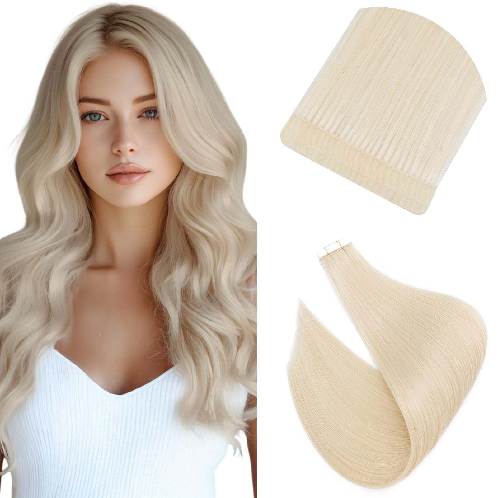 Elailite Tape in Hair Extensions Real Human Hair Blonde 20 PCS Skin Weft Real Remy Hair Extension Straight (#60 Platinum Blonde