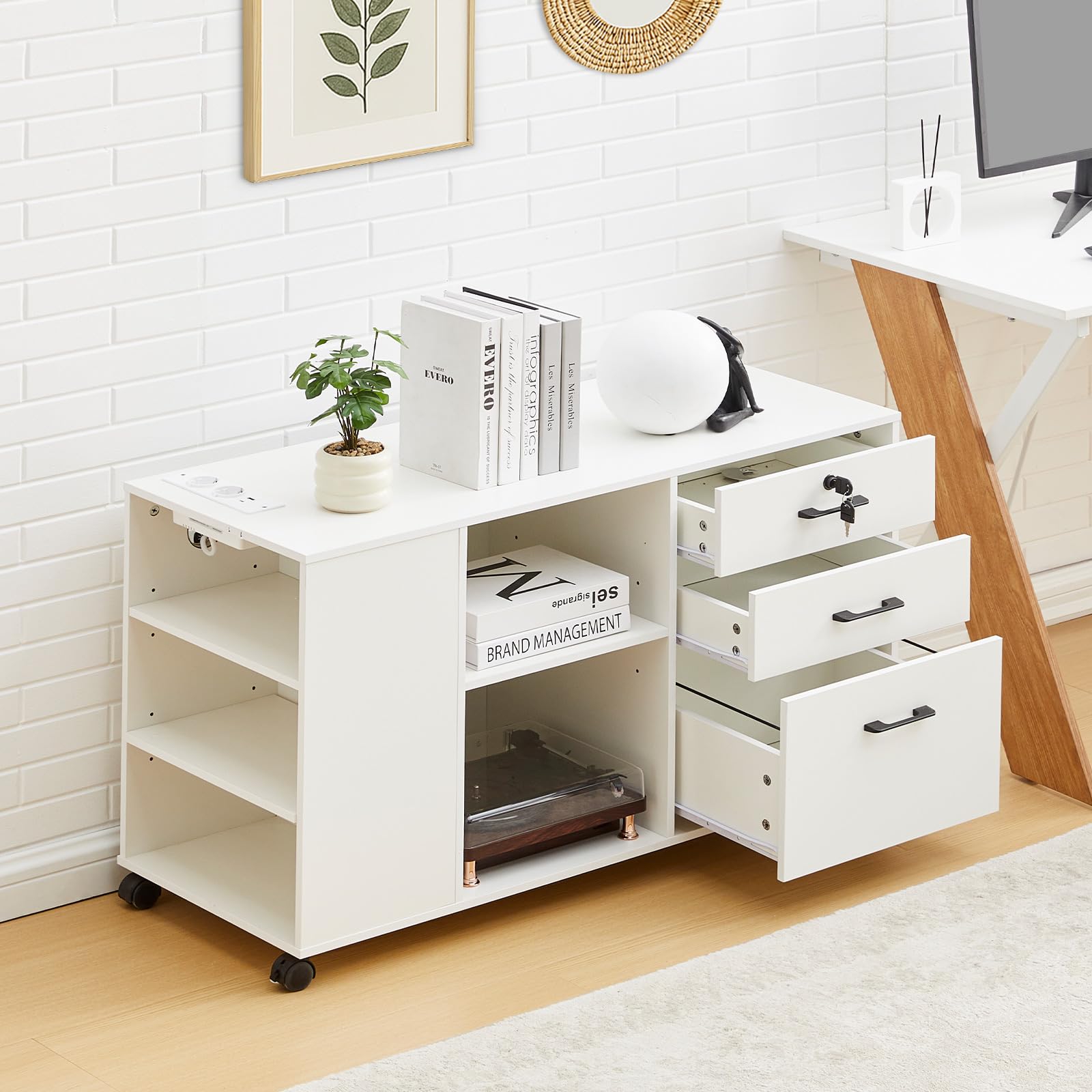 CLIPOP Rollcontainer,abschließbar,mobiler Aktenschrank mit 5 Rollen,3 Schubladen,Schubladenschrank Büroschrank Bürocontainer mit Steckdose,für Büro Zuhause,Weiß
