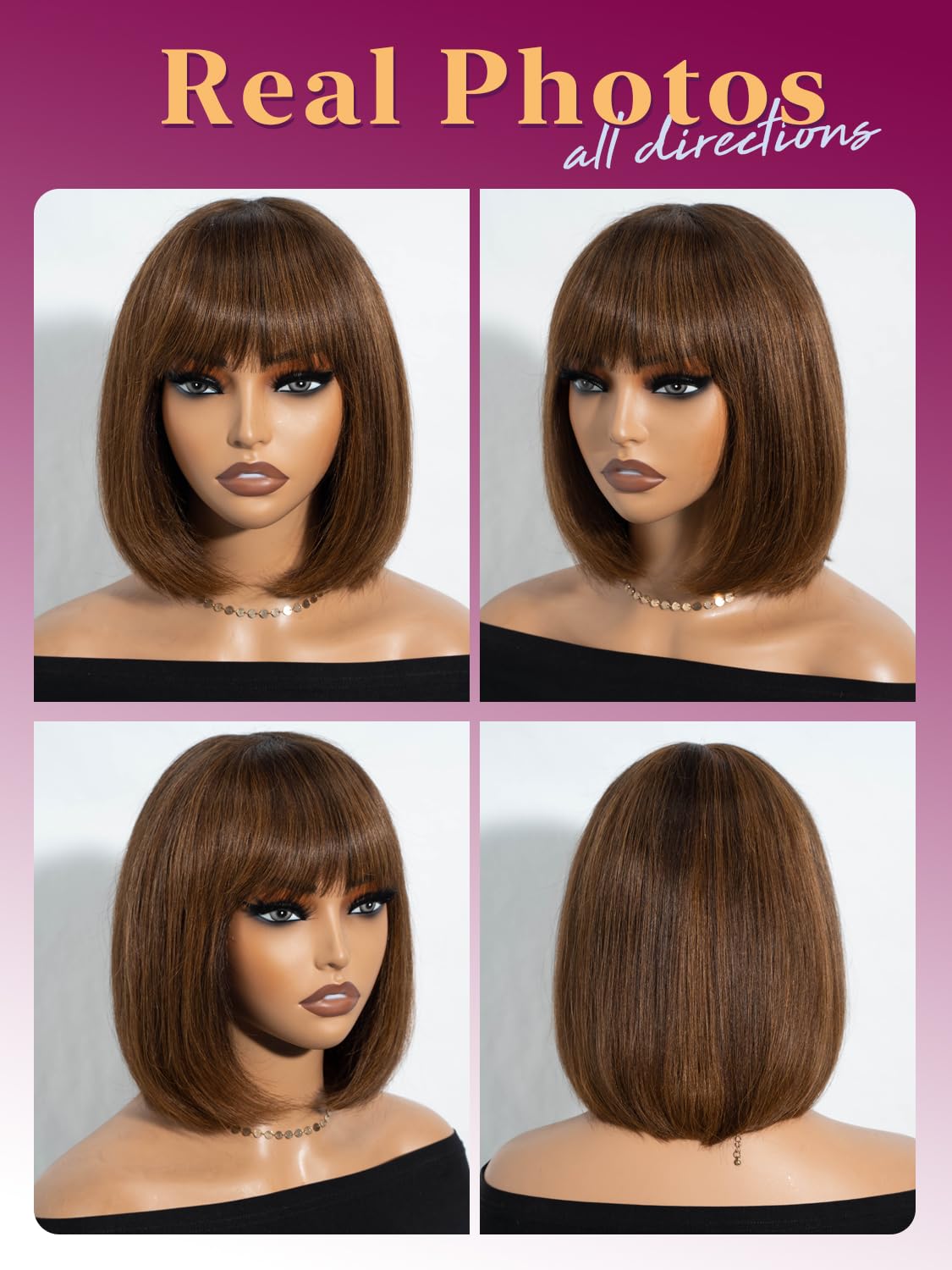 DÉBUT Short Bob Human Hair Wig with Bangs Glueless 2.5x1 Small Lace Top Straight Hair Wig for Black Women Highlight Brown Auburn 10 Inch