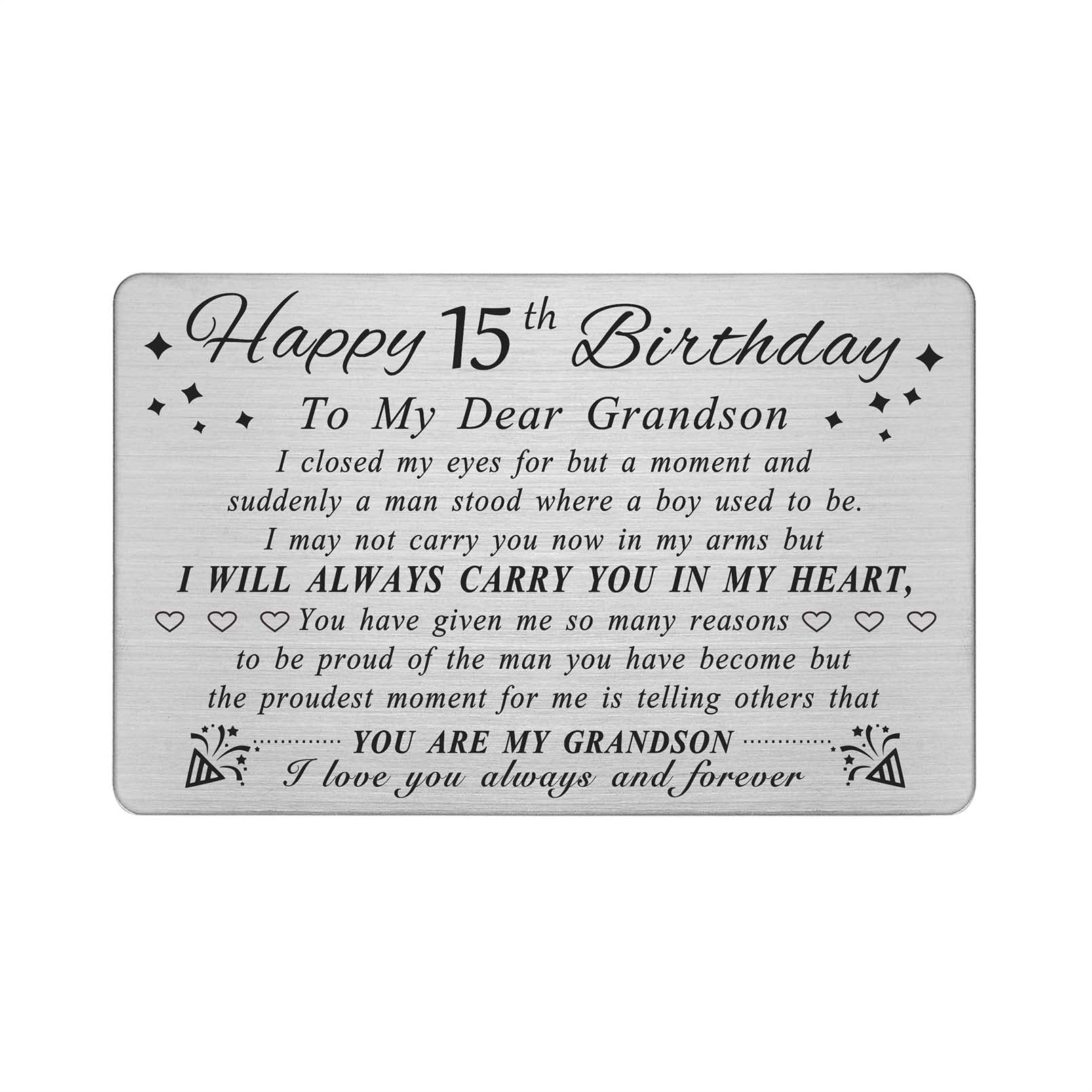 DEGASKEN Grandson 15th Birthday Card for Boys - Happy 15th Birthday Card for Grandson - Birthday Gifts for 15 Year Old Grandsons - Personalized Metal