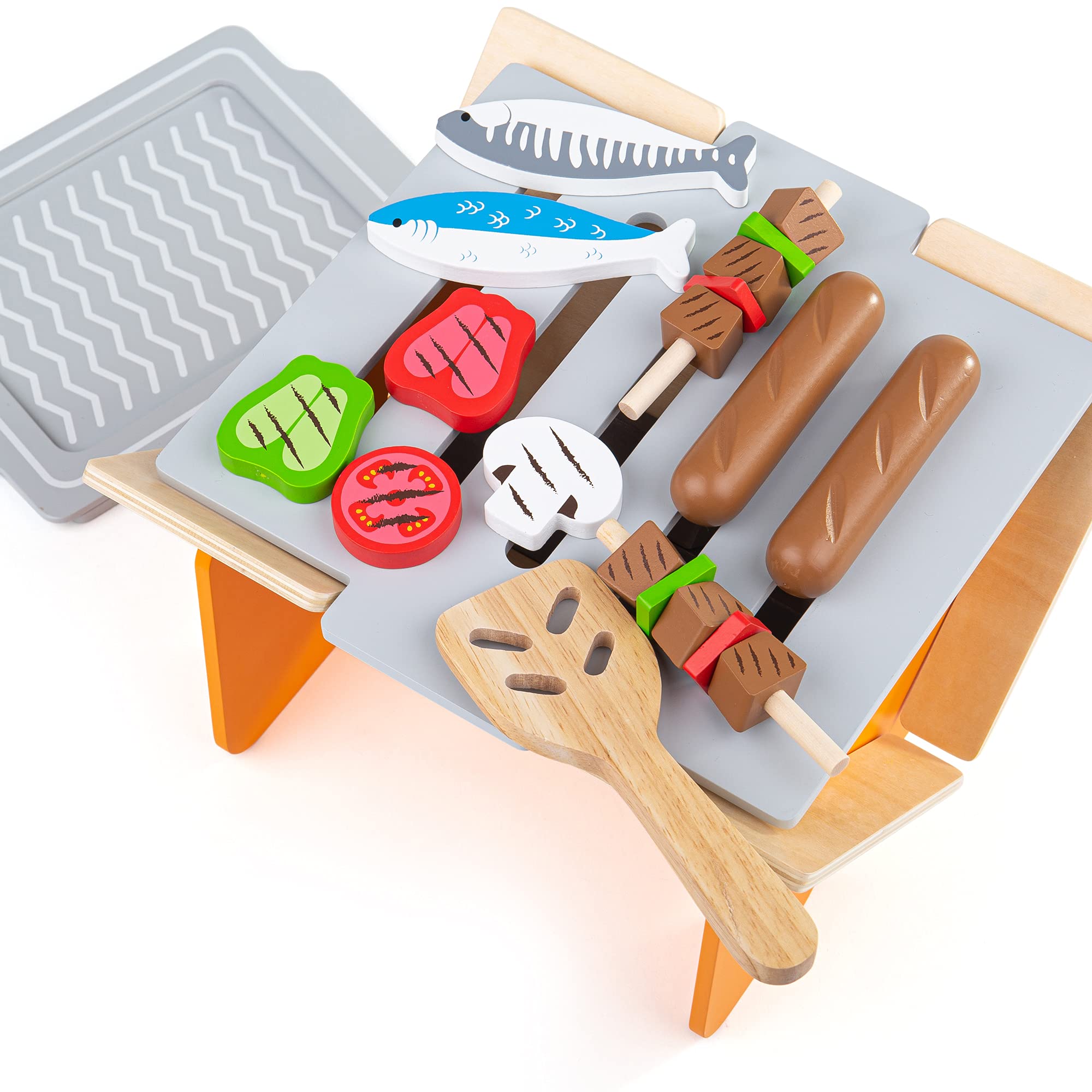 Bigjigs Toys, Set di Cibo per Giochi a Grill Barbecue, Giocattoli in Legno, Cibo in Legno, Gioca a Utensili per Barbecue, Gioco di Ruolo, Cucina Gioca, Giocattoli per Bambini, Giocattoli Montessori,