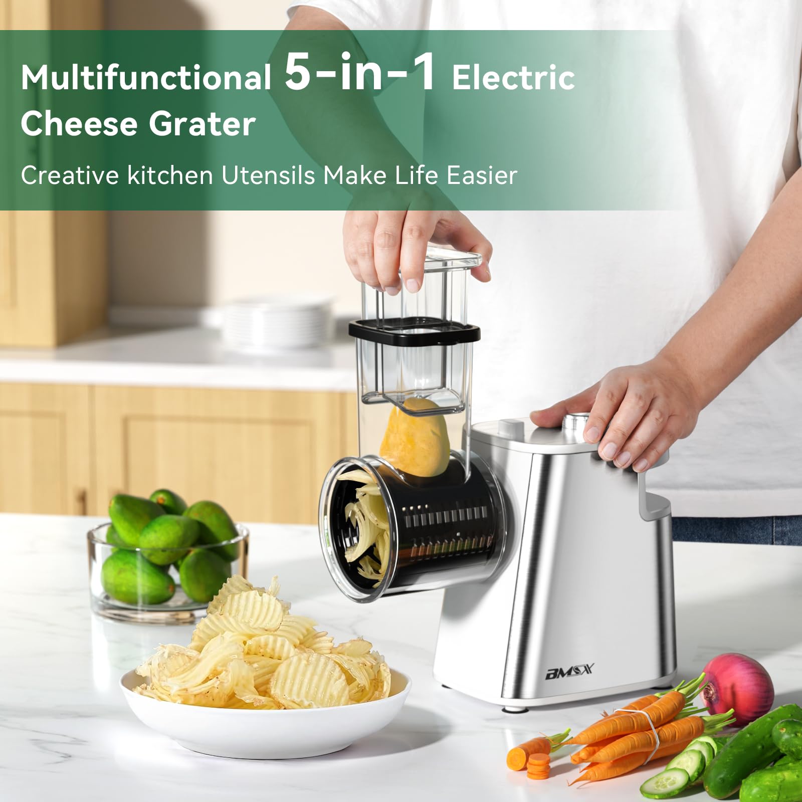Electric Cheese Grater Upgraded, 250W Electric Slicer Shredder, Automatic Cheese Shredder, Electric Salad Machine for Fruits, Vegetables, Cheeses?Salad Maker With 5 Different Shapes of Blades
