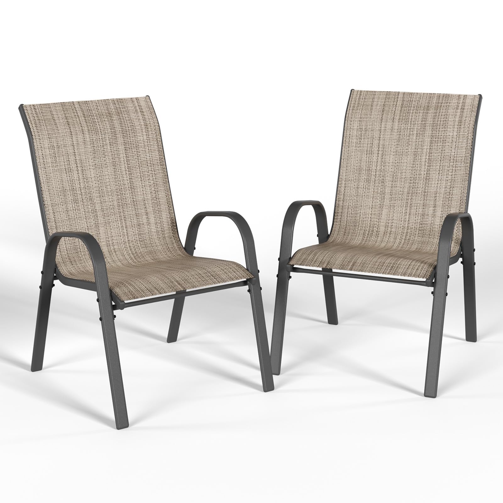 Patio Dining Chairs Set of 2, Outdoor High Stacking Chairs, Breathable Seat Fabric and Alloy Steel Frame for Backyard, Porch, Garden, Sunroom (Brown)